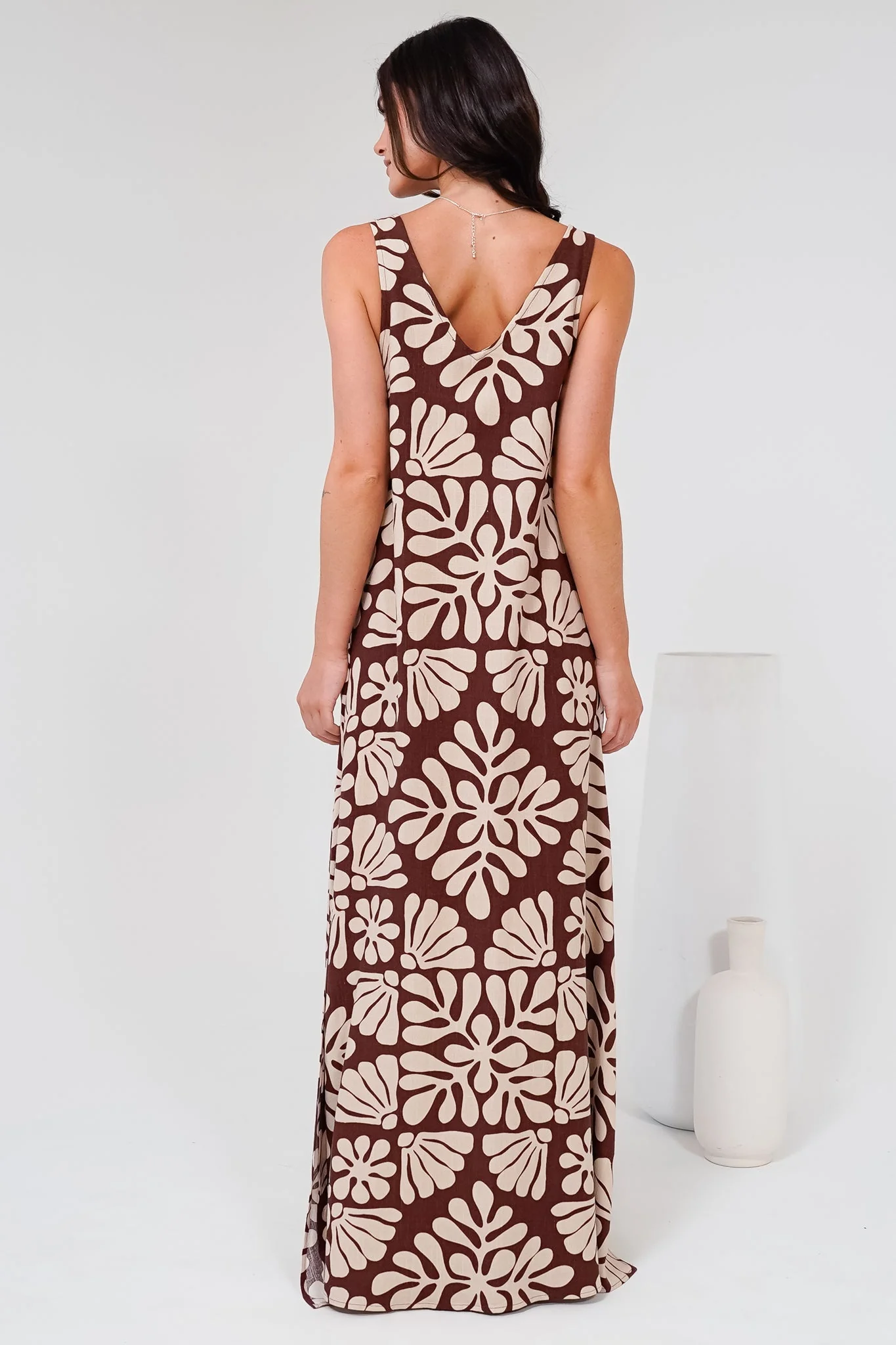 Janeen Maxi Dress - A-Line Sleeveless Dress with Side Splits in Lunie Print Chocolate - Image 10