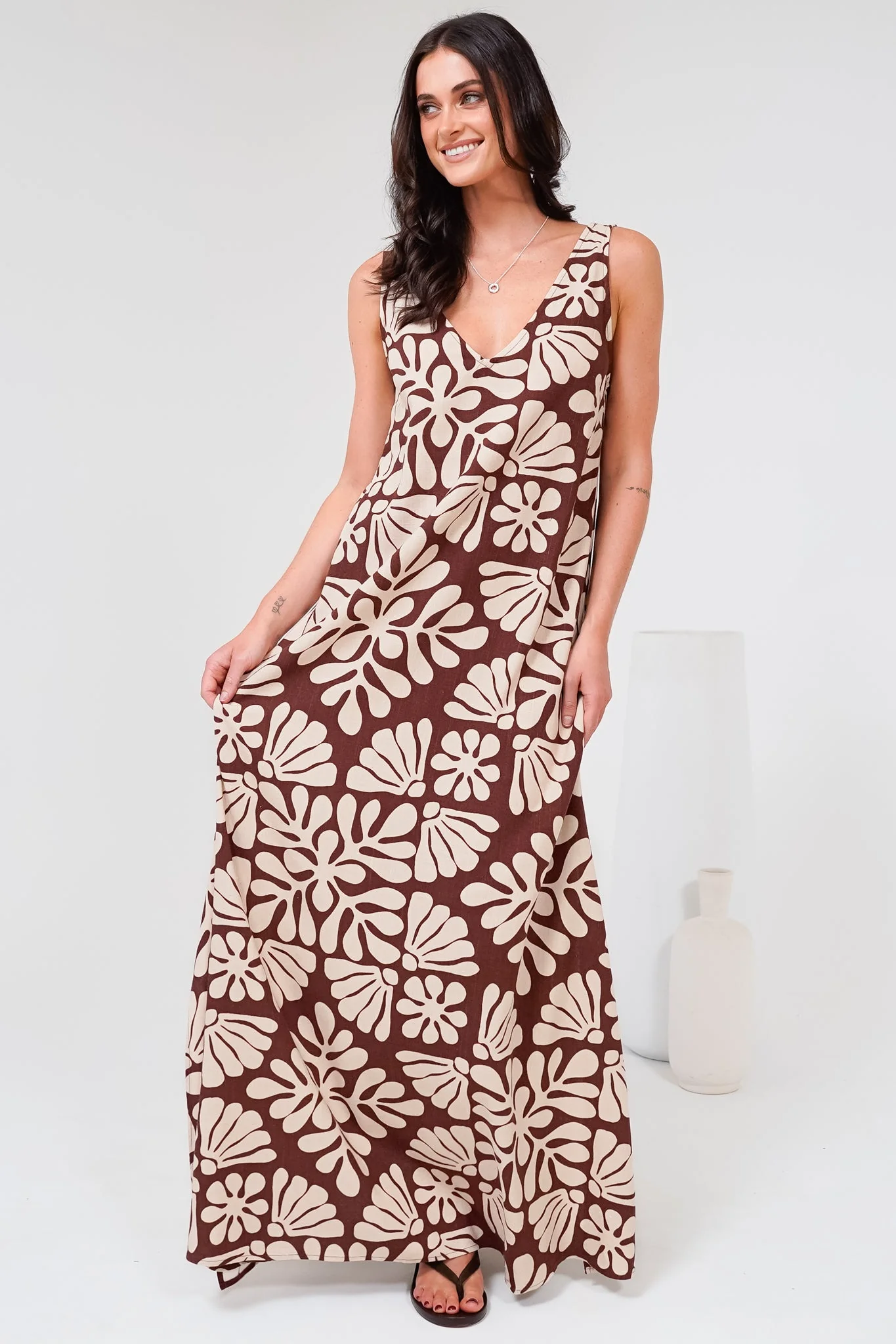 Janeen Maxi Dress - A-Line Sleeveless Dress with Side Splits in Lunie Print Chocolate - Image 2