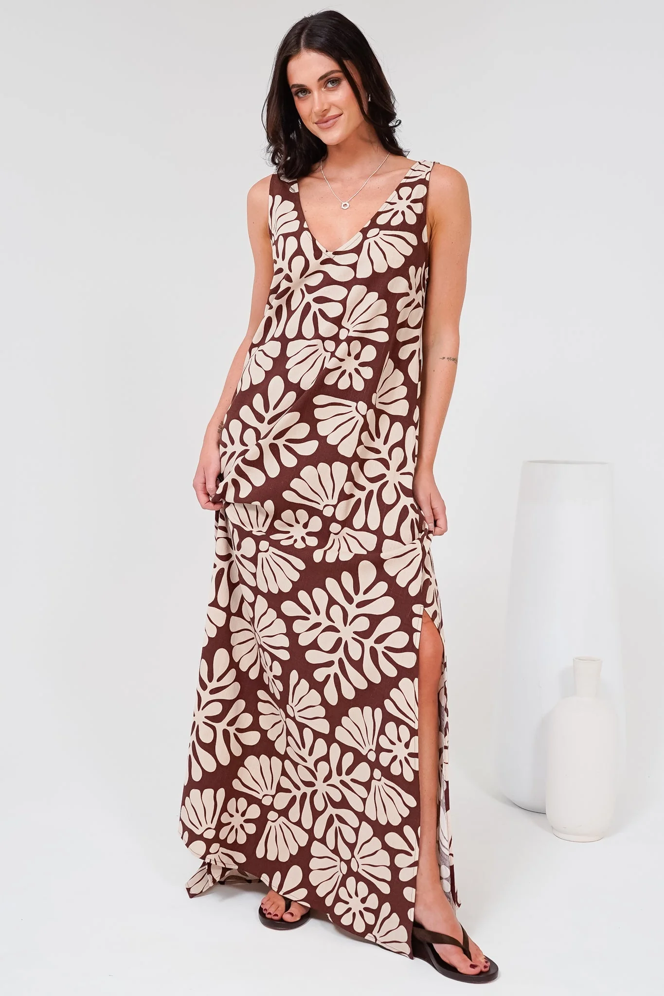 Janeen Maxi Dress - A-Line Sleeveless Dress with Side Splits in Lunie Print Chocolate - Image 3
