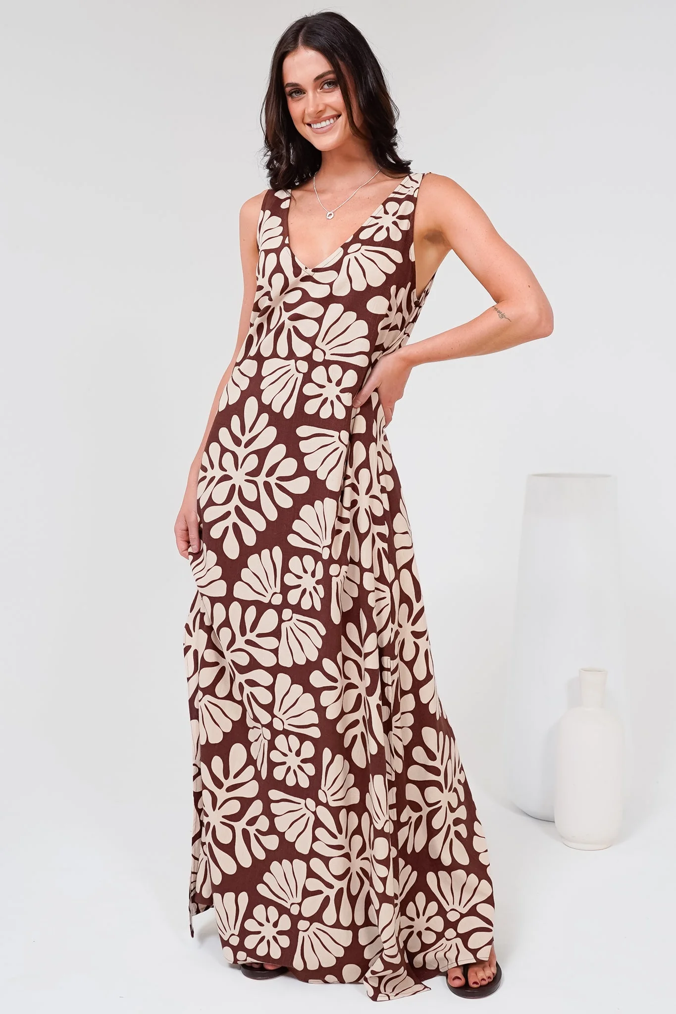 Janeen Maxi Dress - A-Line Sleeveless Dress with Side Splits in Lunie Print Chocolate - Image 4