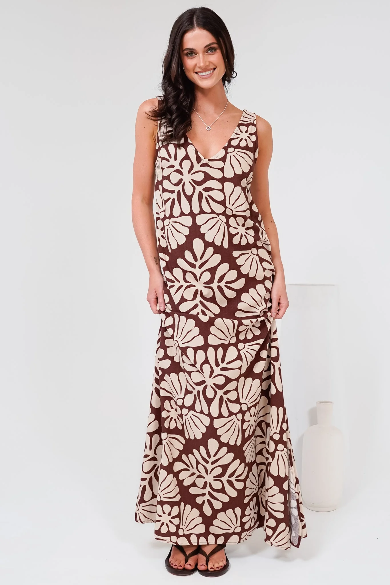 Janeen Maxi Dress - A-Line Sleeveless Dress with Side Splits in Lunie Print Chocolate - Image 6