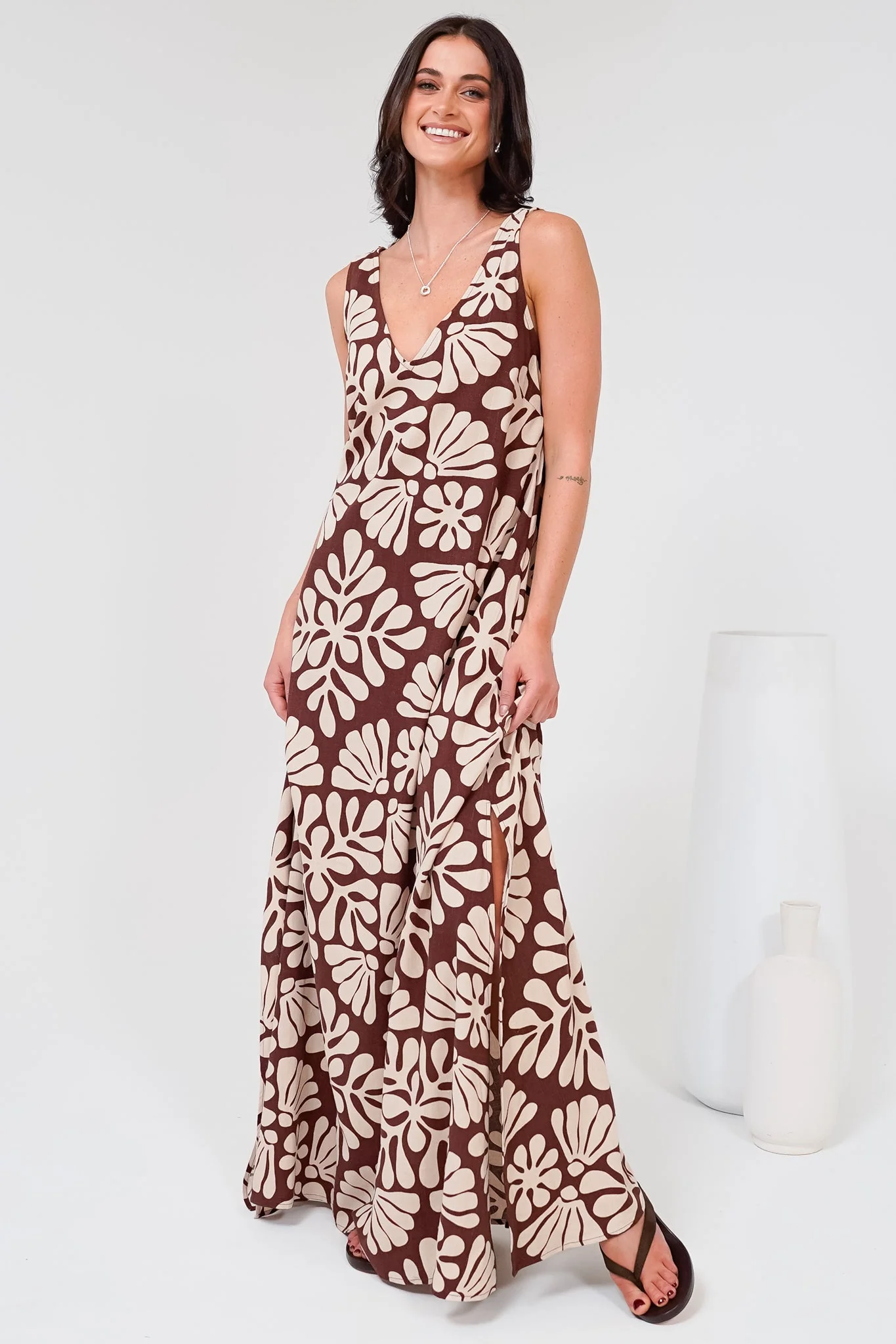 Janeen Maxi Dress - A-Line Sleeveless Dress with Side Splits in Lunie Print Chocolate - Image 8