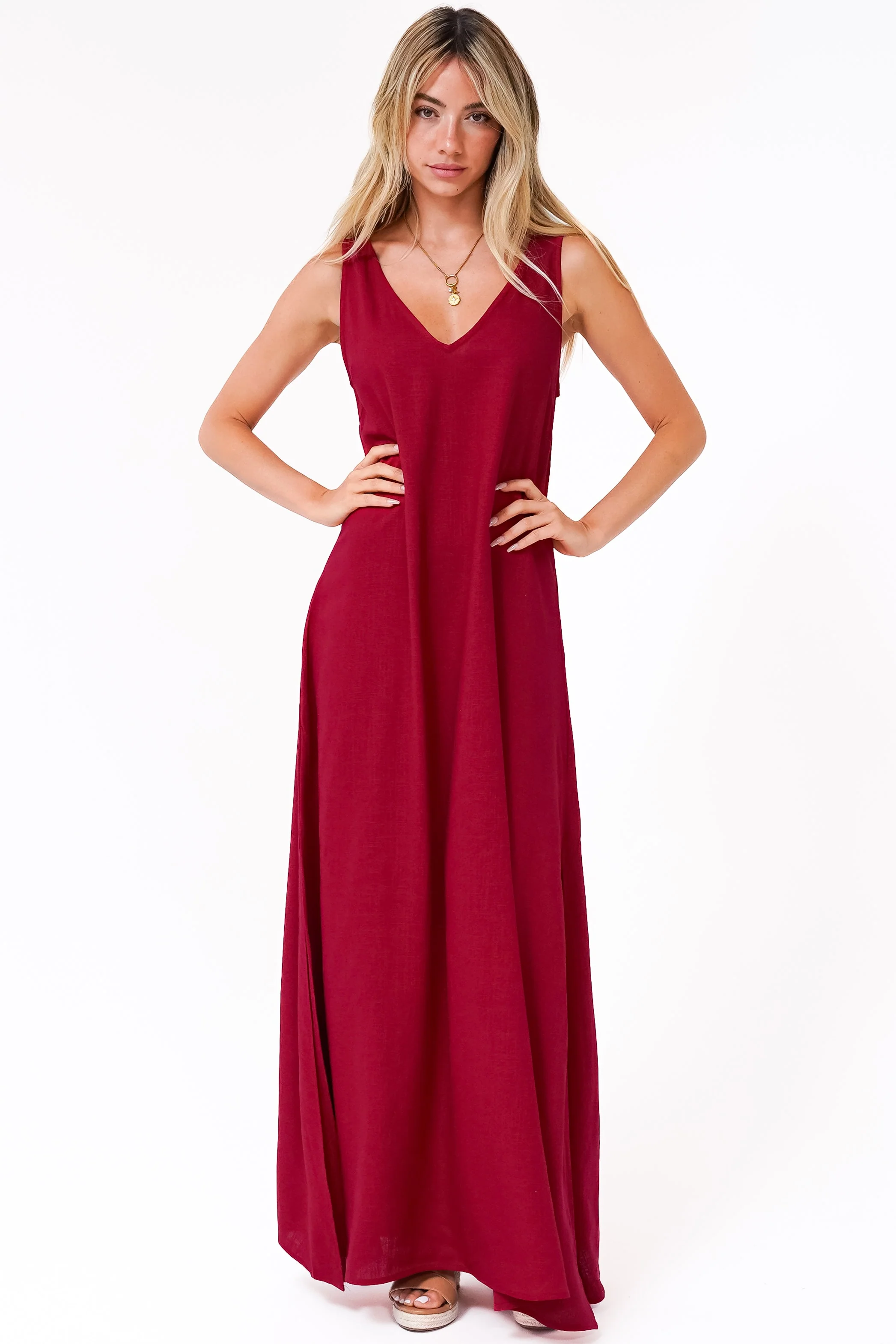 Janeen Maxi Dress - A-Line Sleeveless Dress with Side Splits in Red - Image 2