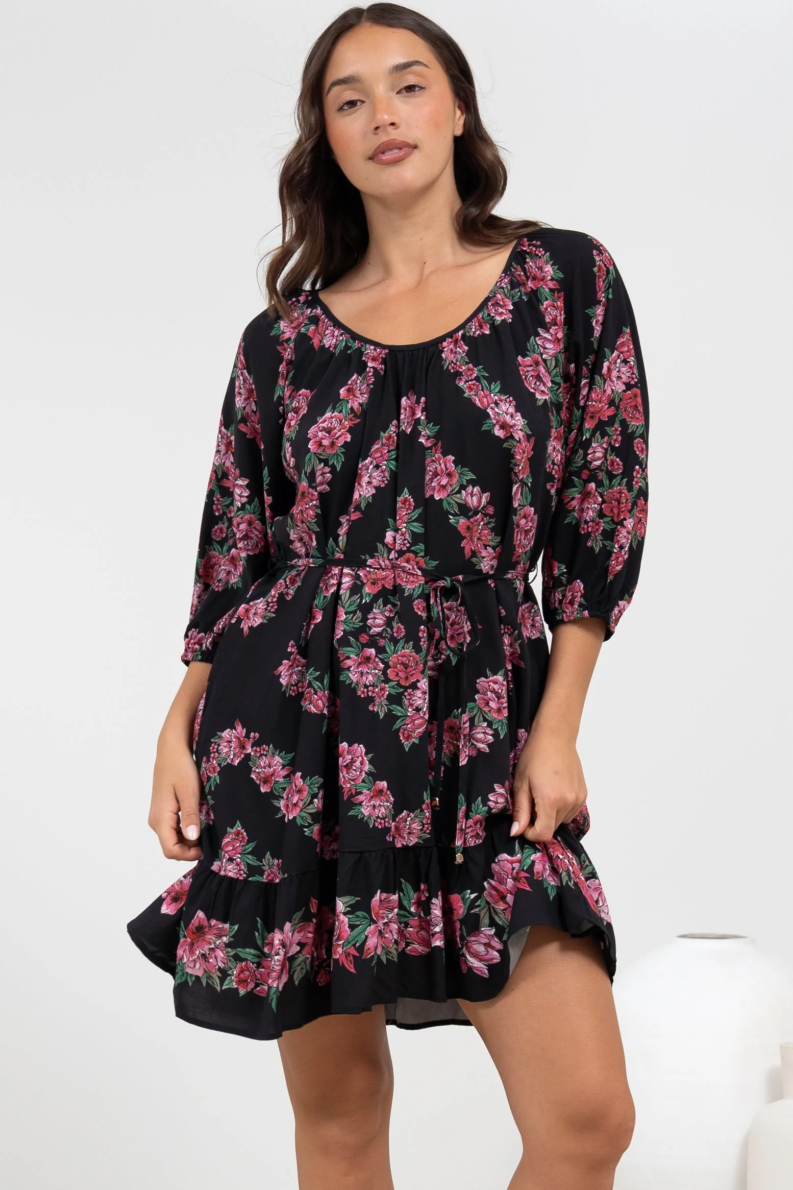 Jannis Mini Dress - Scoop Neckline Shift Dress with Belt in Love Story Print - Image 3