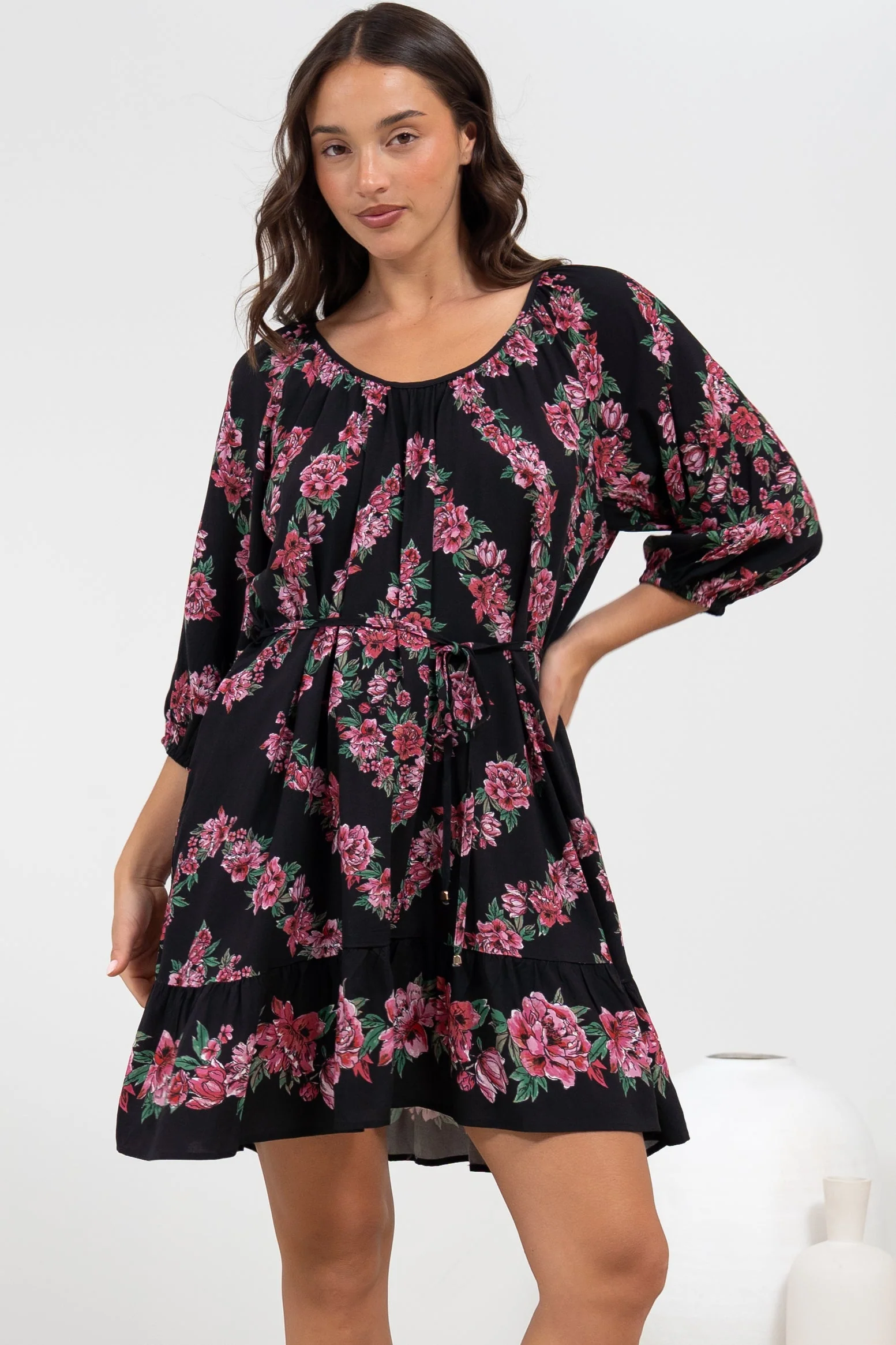 Jannis Mini Dress - Scoop Neckline Shift Dress with Belt in Love Story Print - Image 5