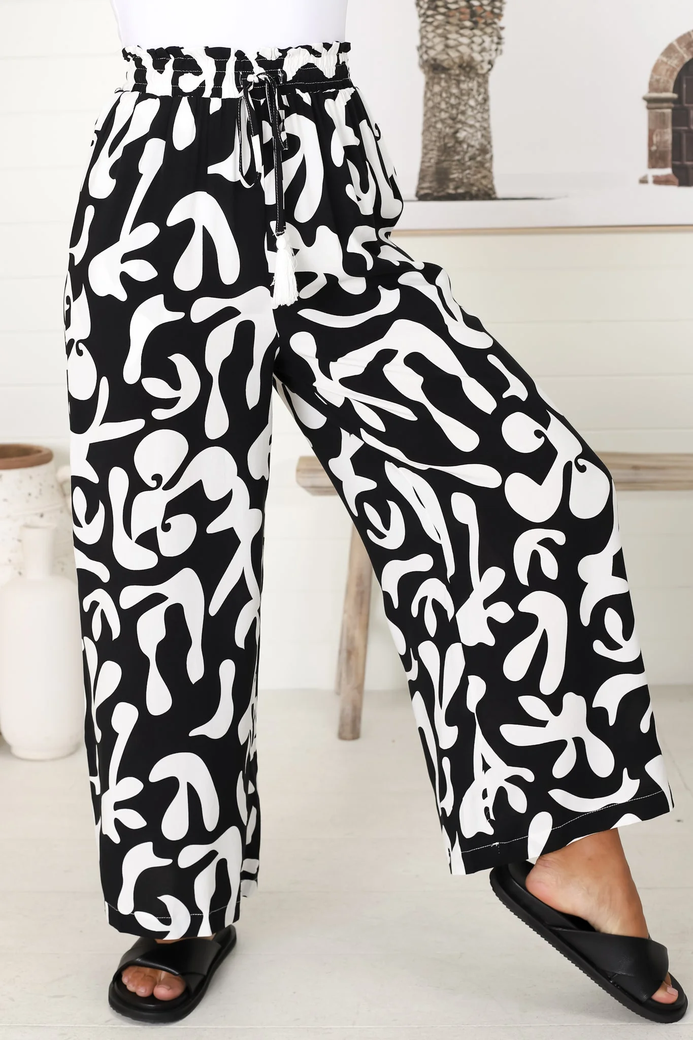 Jaxie Pants - Elasticated Paperbag Waist with Drawstring Wide Leg Pants with Pockets in Black - Image 10