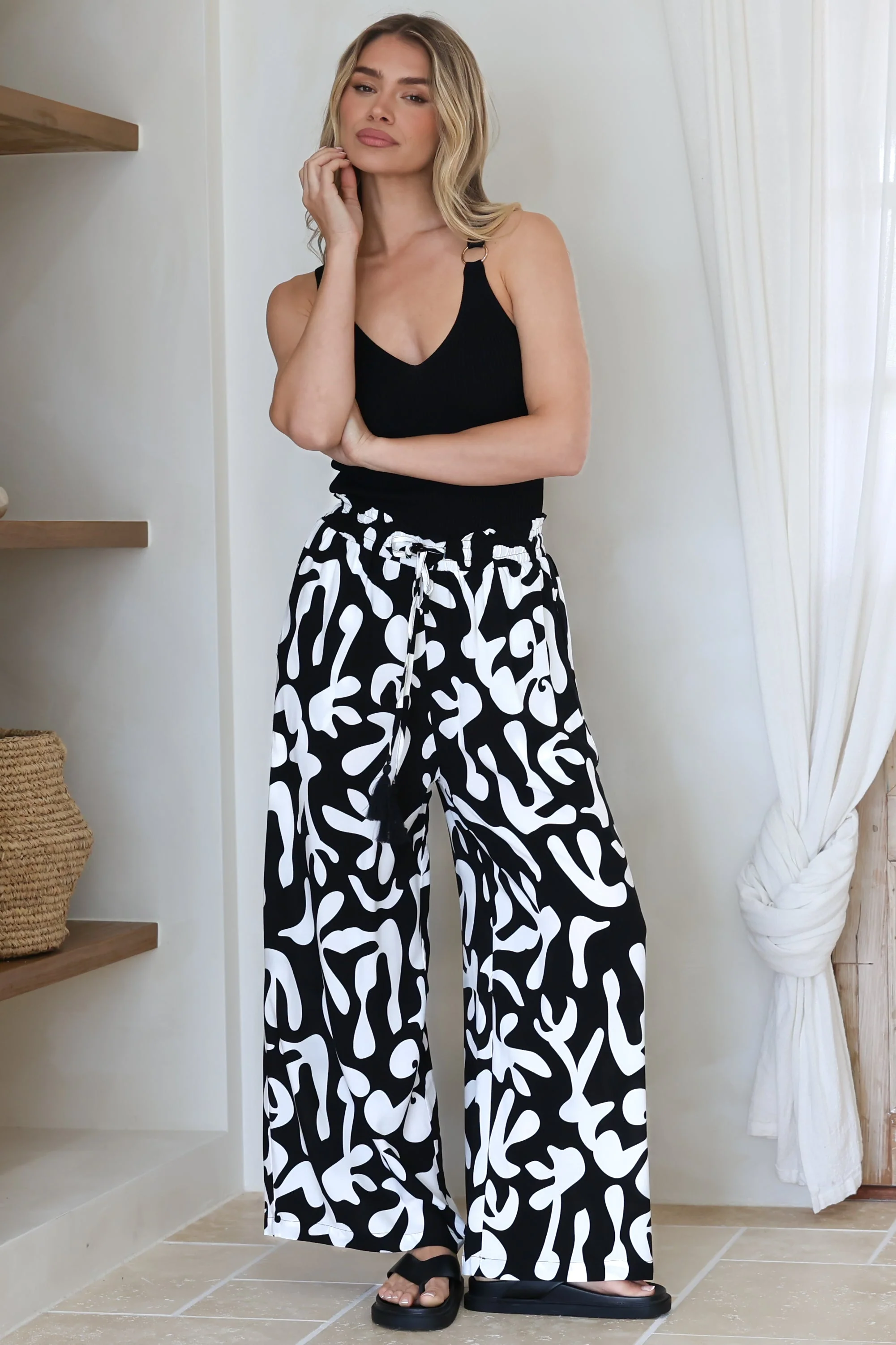 Jaxie Pants - Elasticated Paperbag Waist with Drawstring Wide Leg Pants with Pockets in Black - Image 3