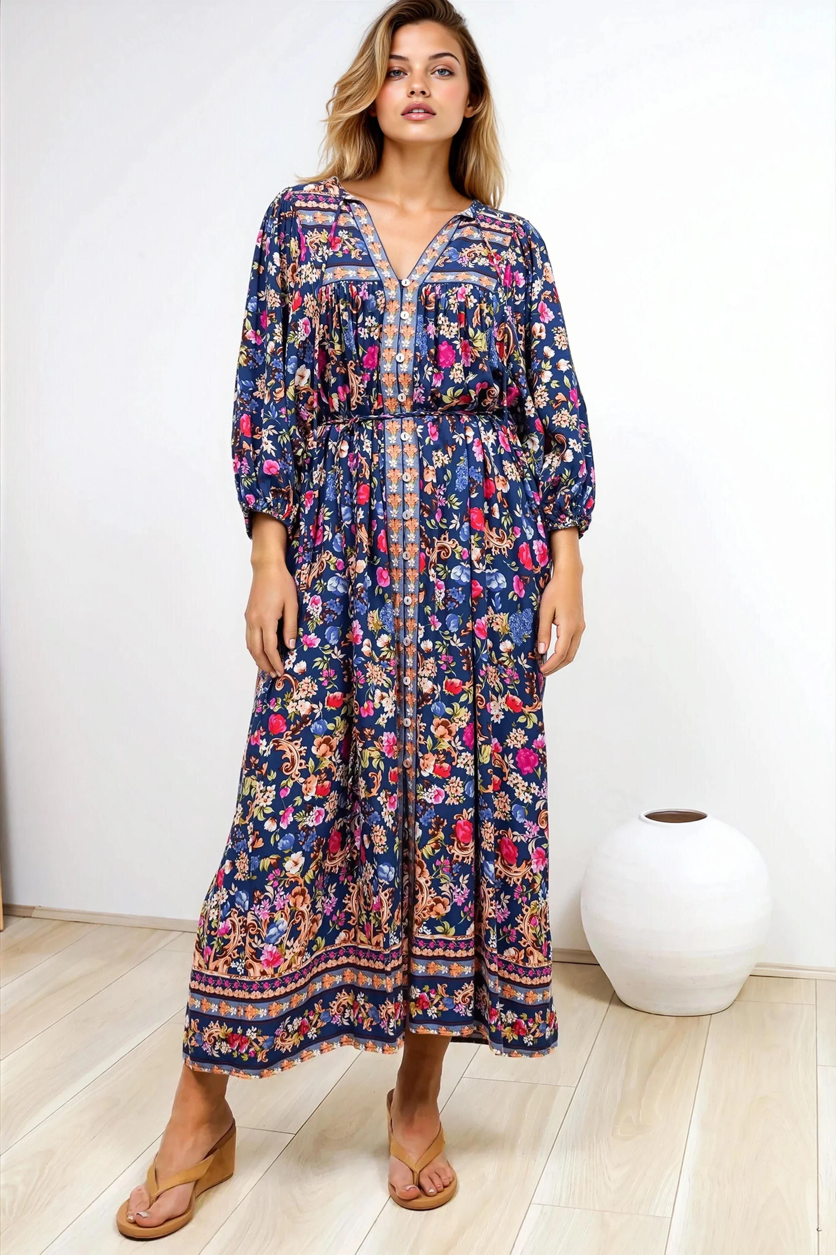 Jayla Midi Dress - Button Down Dress with Belt in Elyce Print