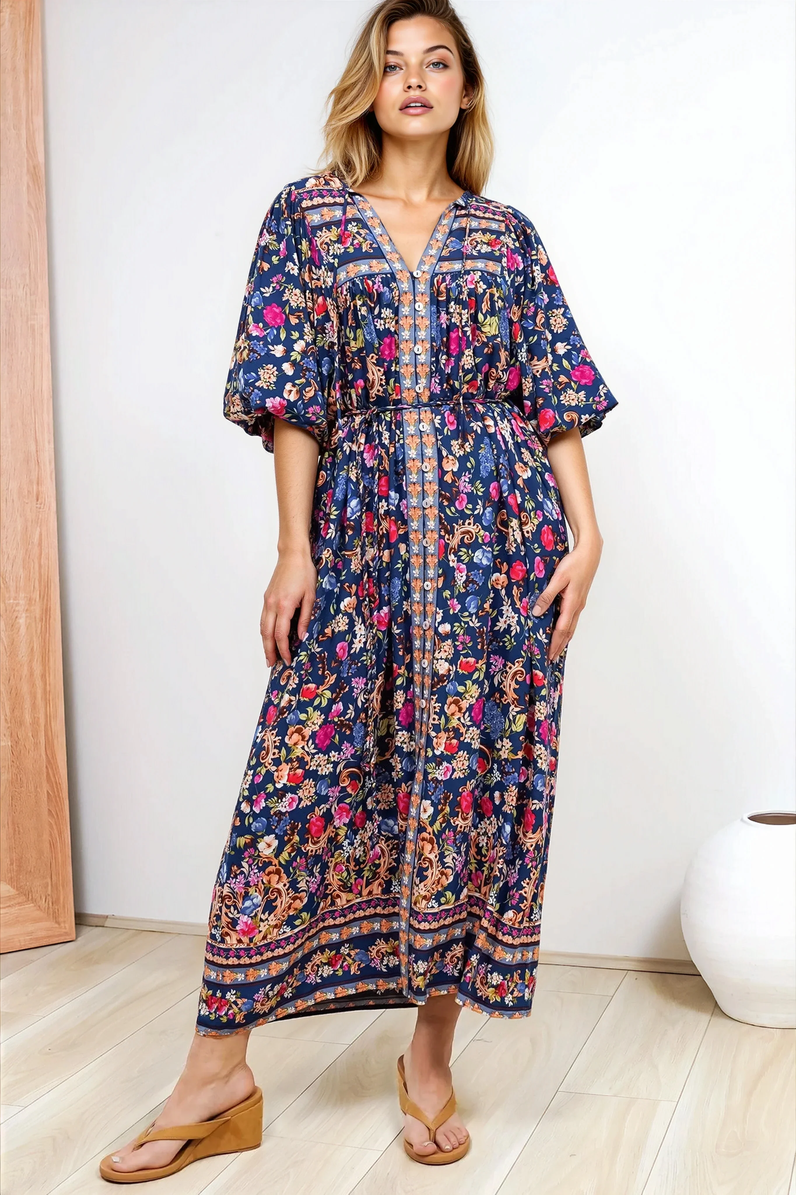 Jayla Midi Dress - Button Down Dress with Belt in Elyce Print - Image 2