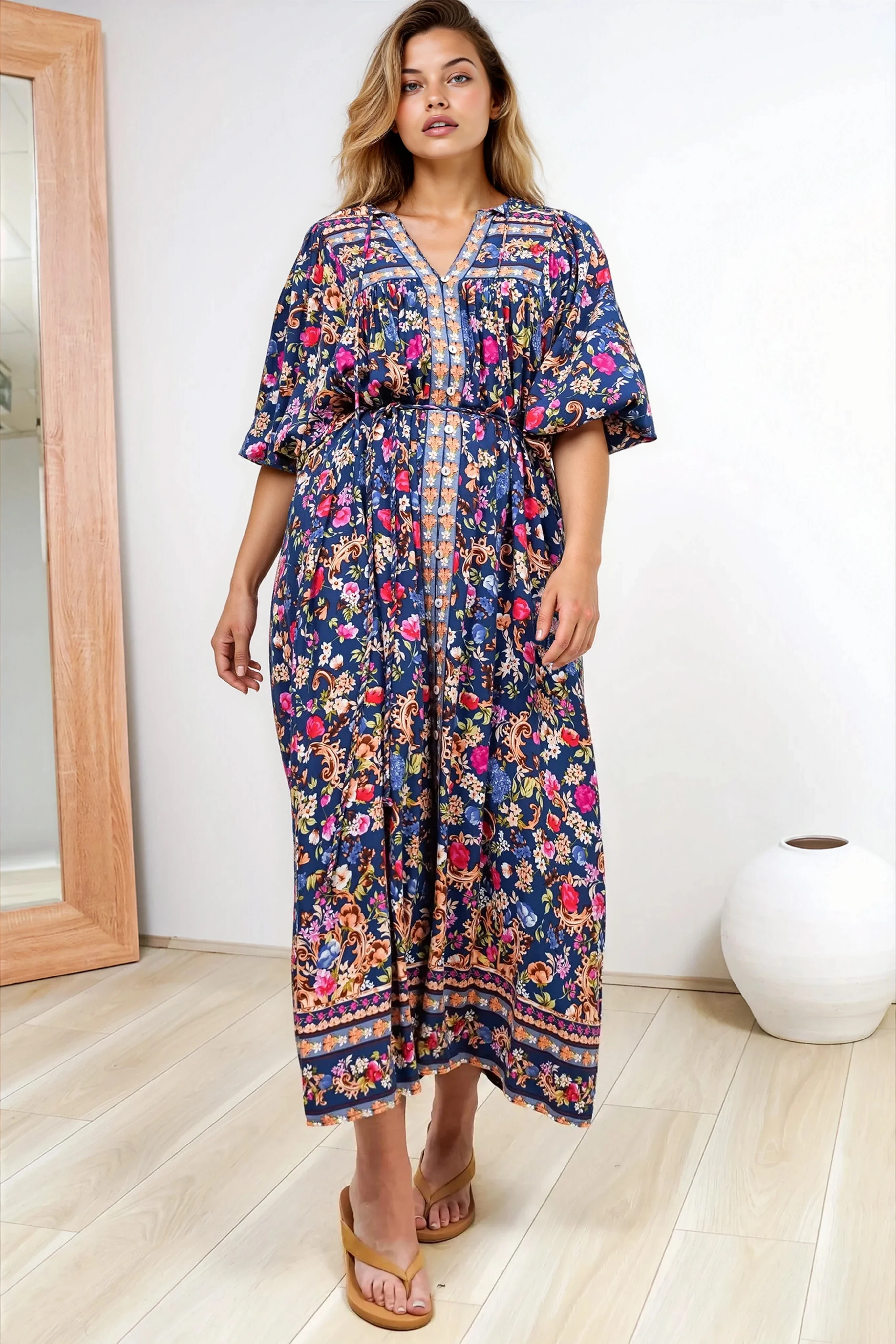 Jayla Midi Dress - Button Down Dress with Belt in Elyce Print - Image 4