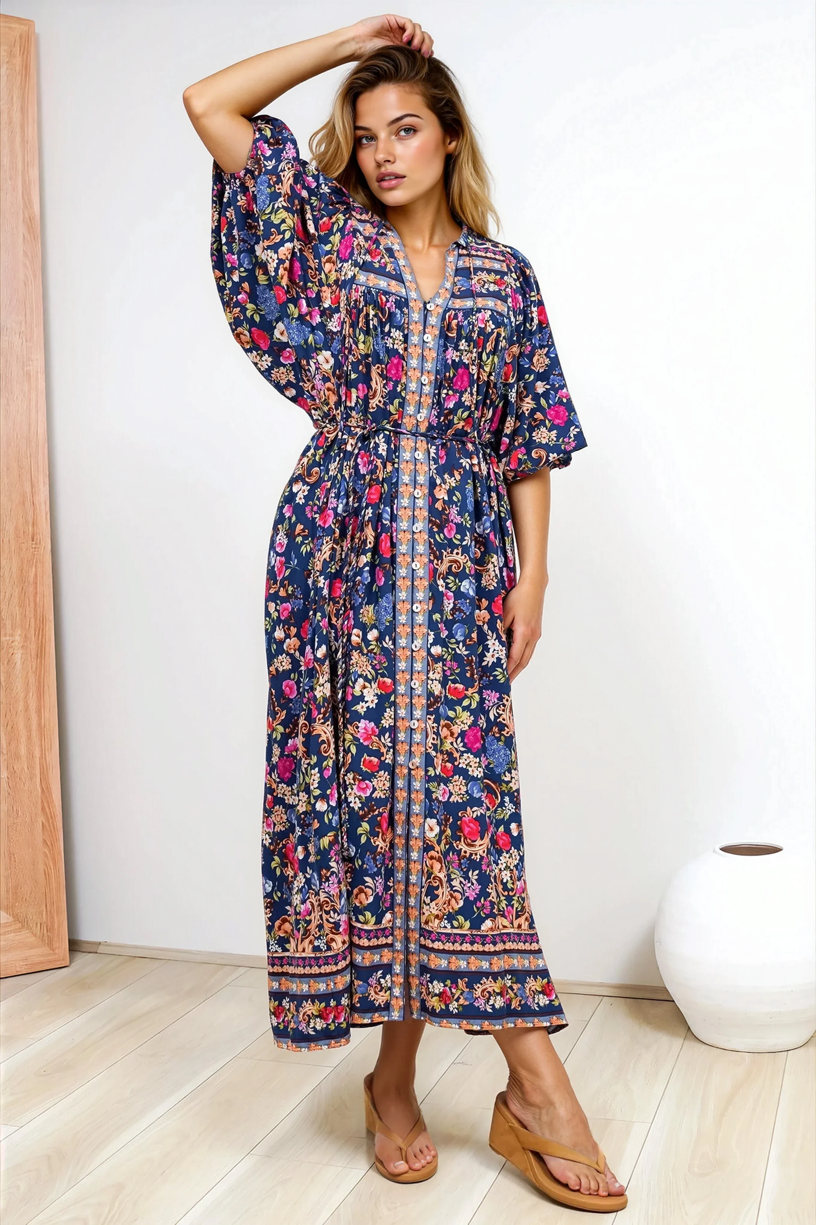 Jayla Midi Dress - Button Down Dress with Belt in Elyce Print - Image 5