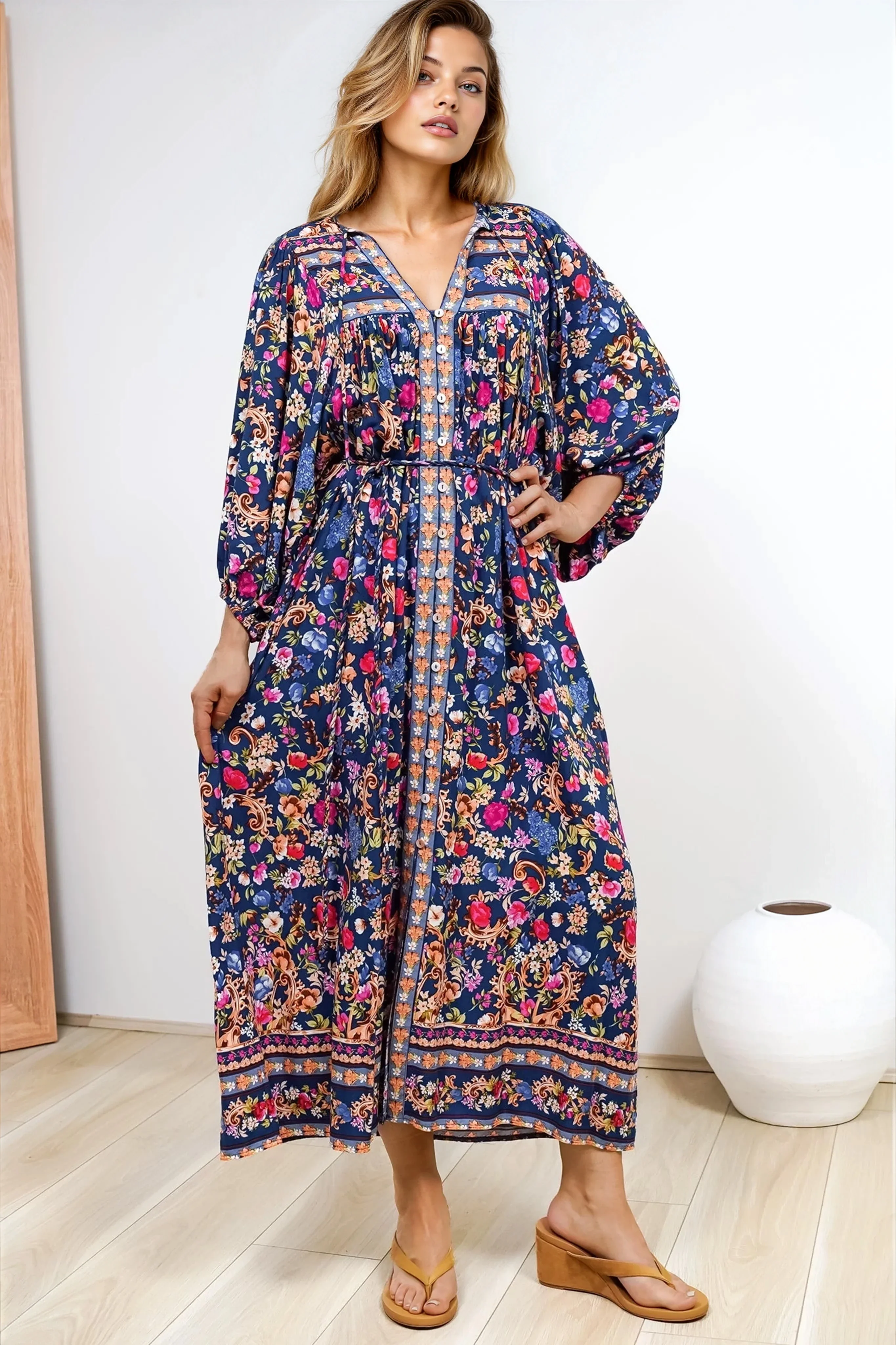 Jayla Midi Dress - Button Down Dress with Belt in Elyce Print - Image 7