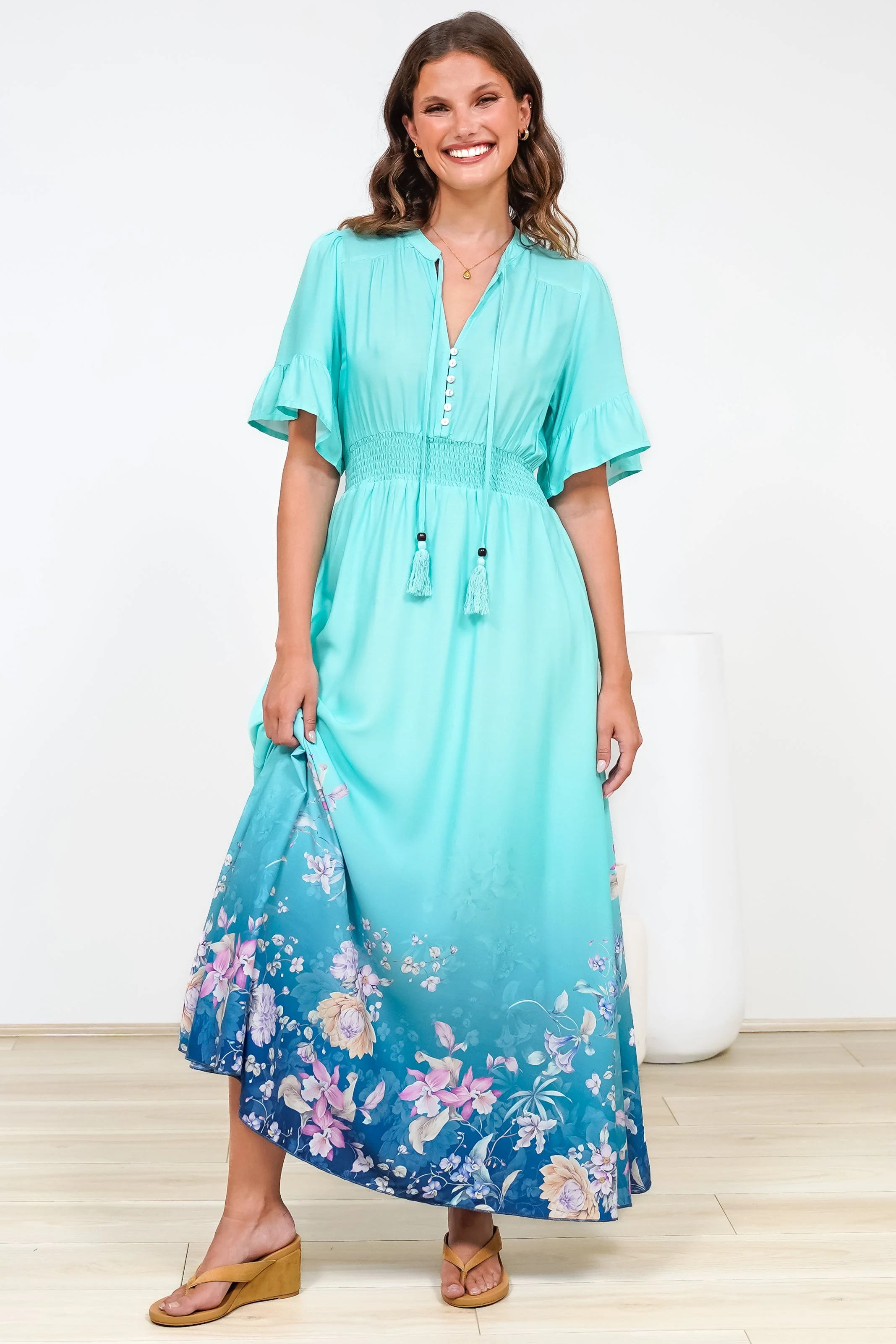 Jemina Maxi Dress - V-Neck Elasticated Waist A-Line Dress in Candyce Print Blue - Image 3
