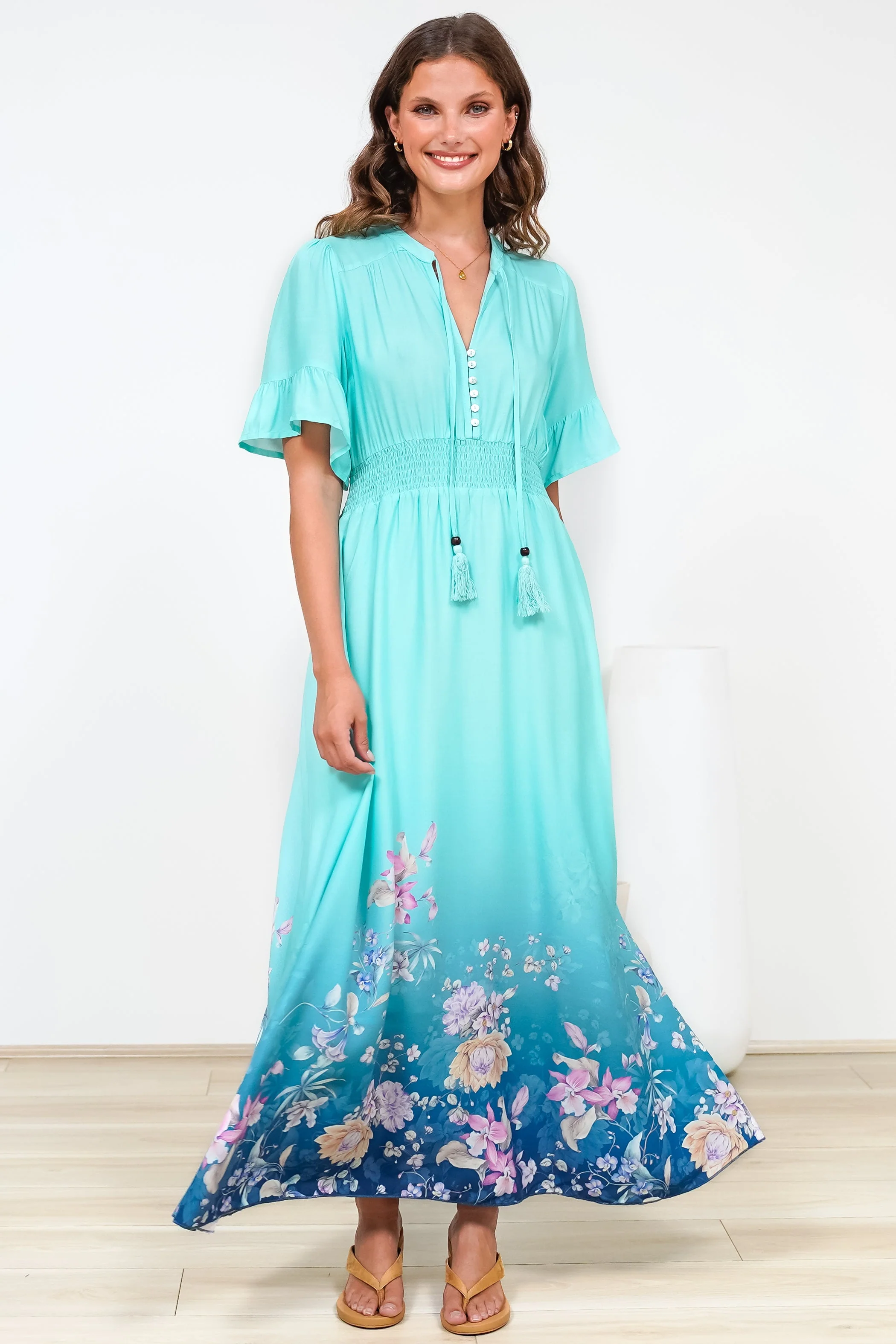 Jemina Maxi Dress - V-Neck Elasticated Waist A-Line Dress in Candyce Print Blue - Image 4