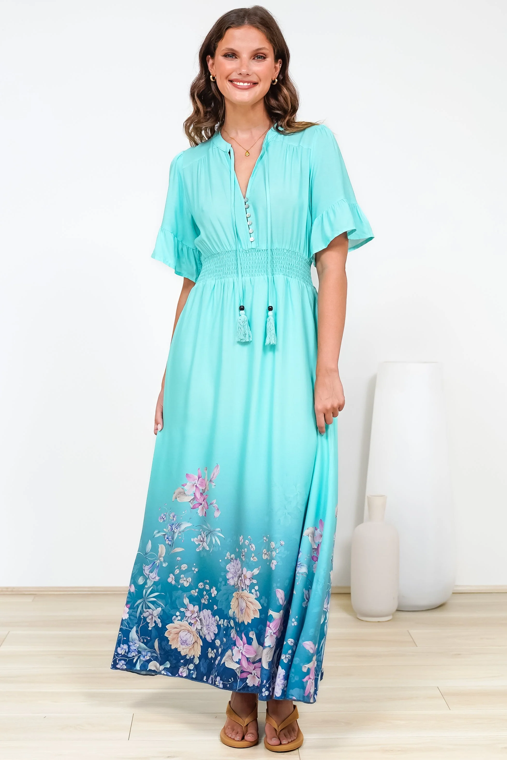 Jemina Maxi Dress - V-Neck Elasticated Waist A-Line Dress in Candyce Print Blue - Image 5