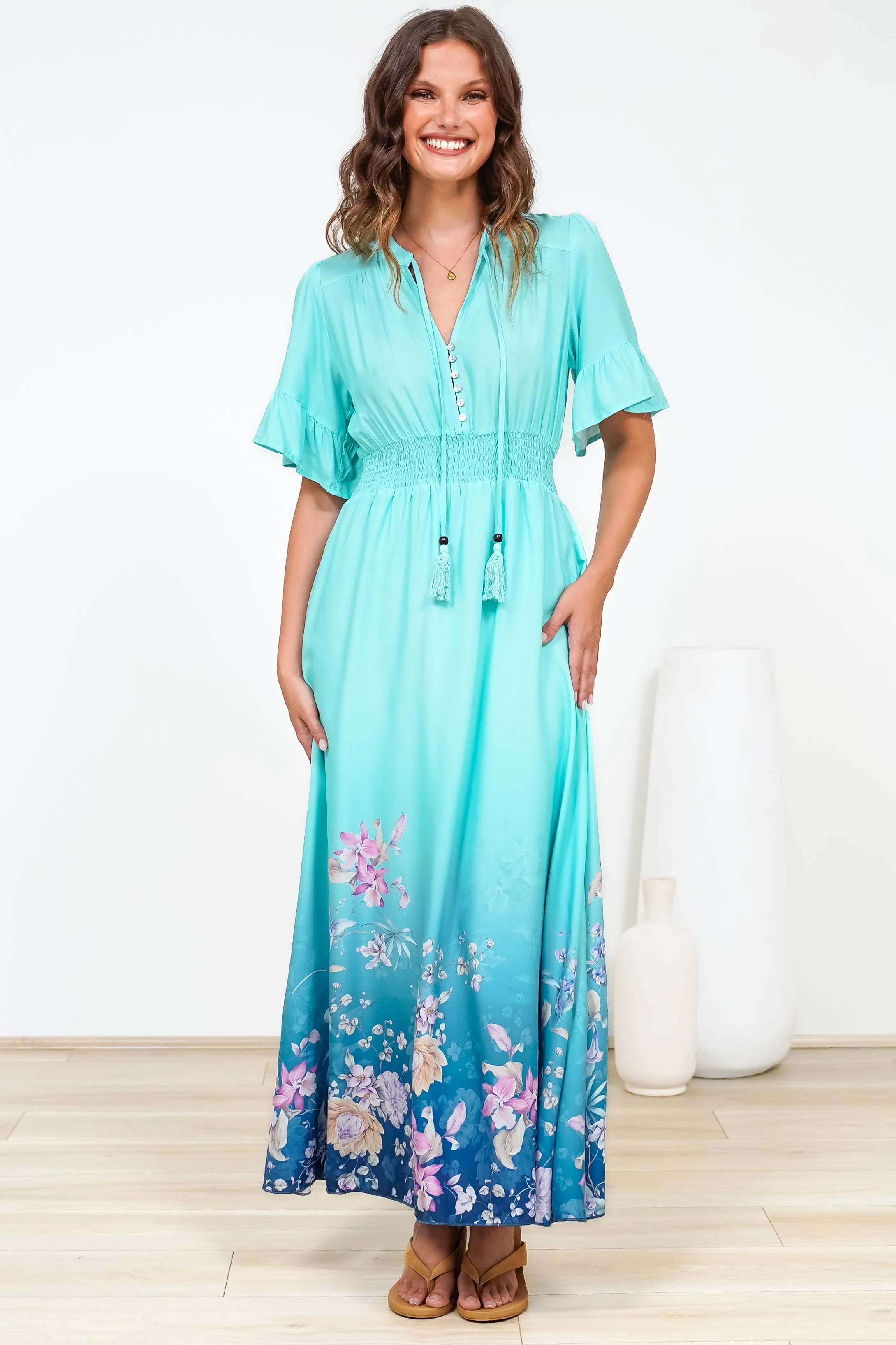 Jemina Maxi Dress - V-Neck Elasticated Waist A-Line Dress in Candyce Print Blue - Image 6