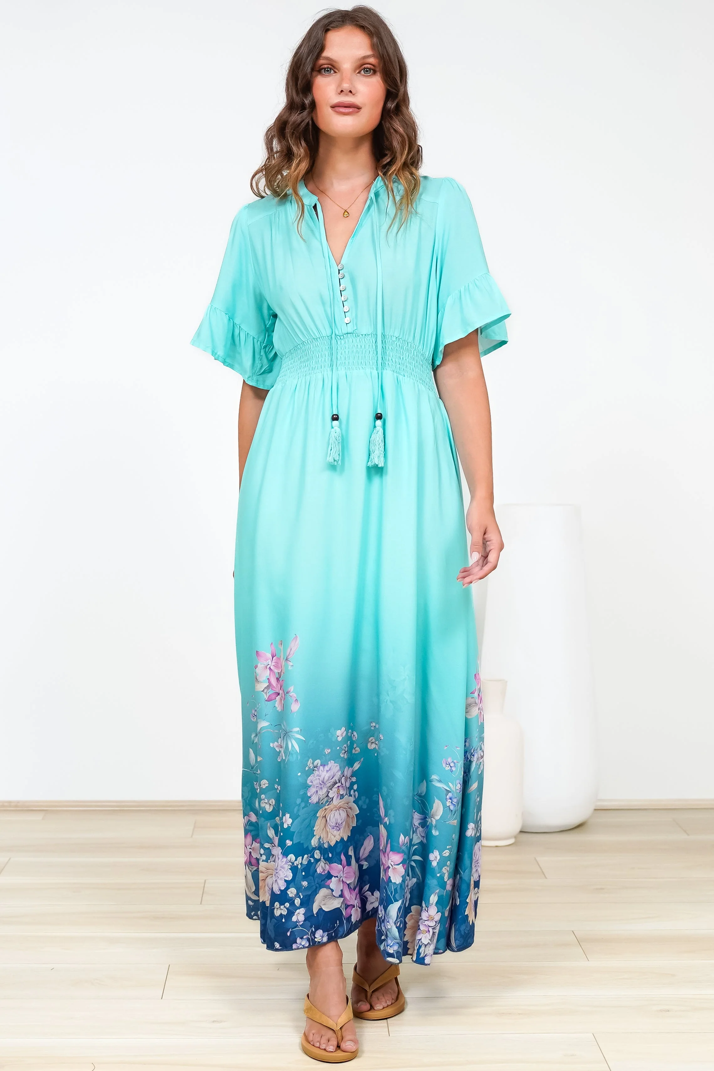 Jemina Maxi Dress - V-Neck Elasticated Waist A-Line Dress in Candyce Print Blue - Image 7