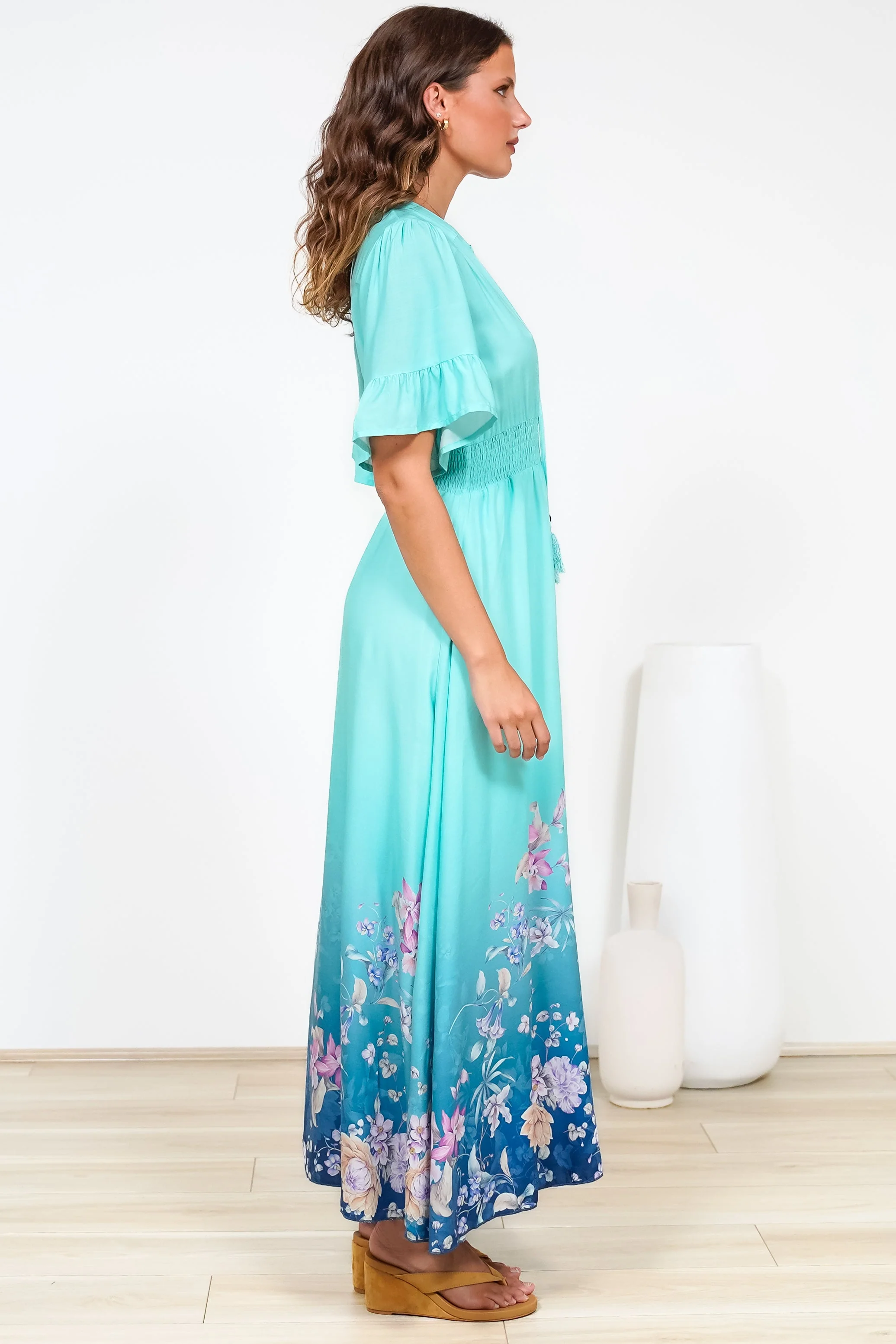 Jemina Maxi Dress - V-Neck Elasticated Waist A-Line Dress in Candyce Print Blue - Image 8