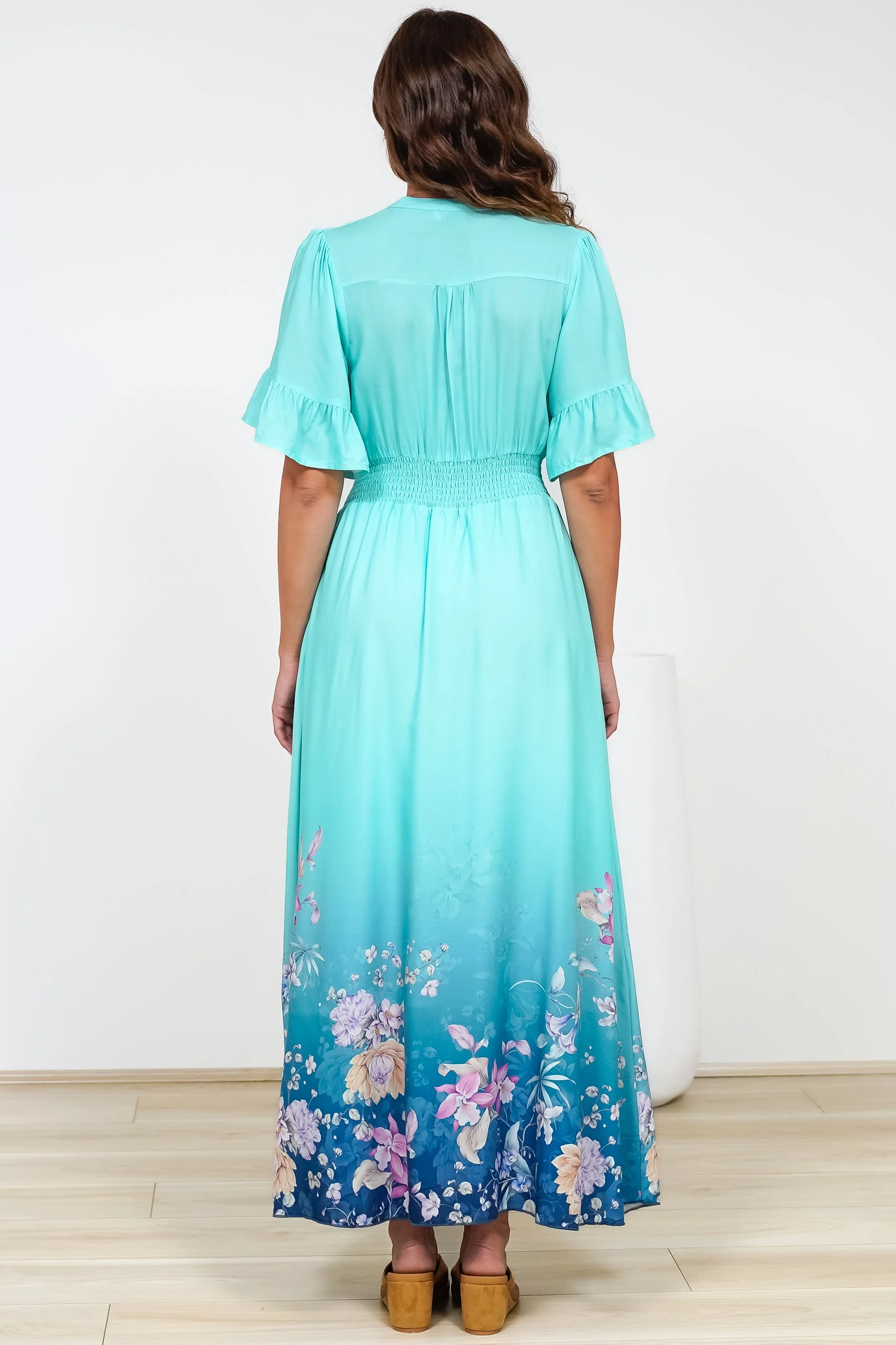 Jemina Maxi Dress - V-Neck Elasticated Waist A-Line Dress in Candyce Print Blue - Image 9