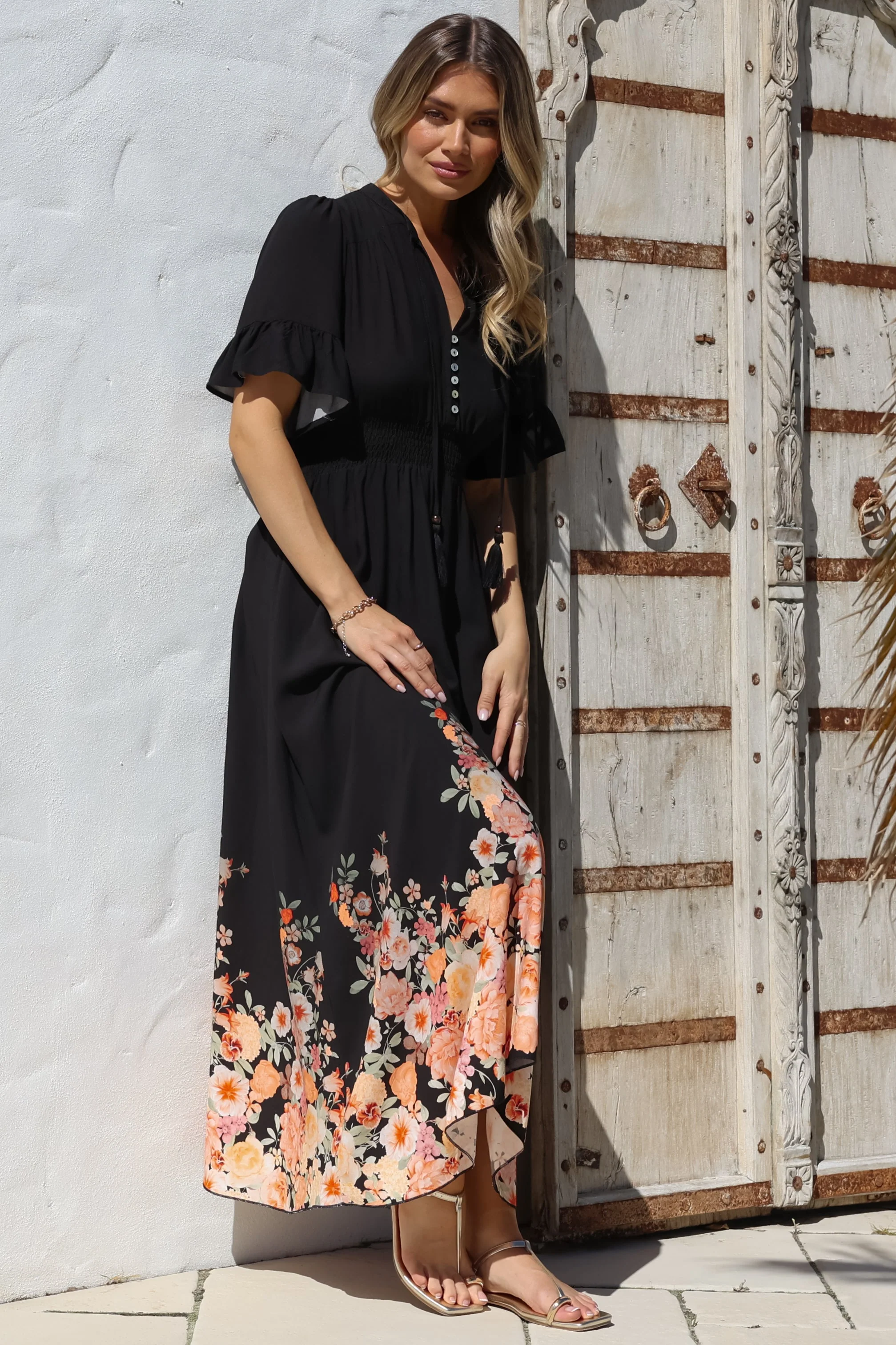 Jemina Maxi Dress - V-Neck Elasticated Waist A-Line Dress in Florence Print Black - Image 10