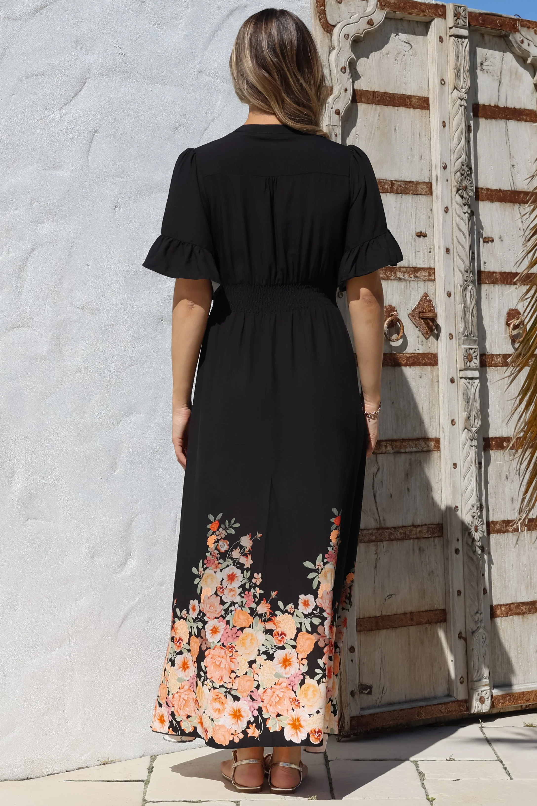 Jemina Maxi Dress - V-Neck Elasticated Waist A-Line Dress in Florence Print Black - Image 11
