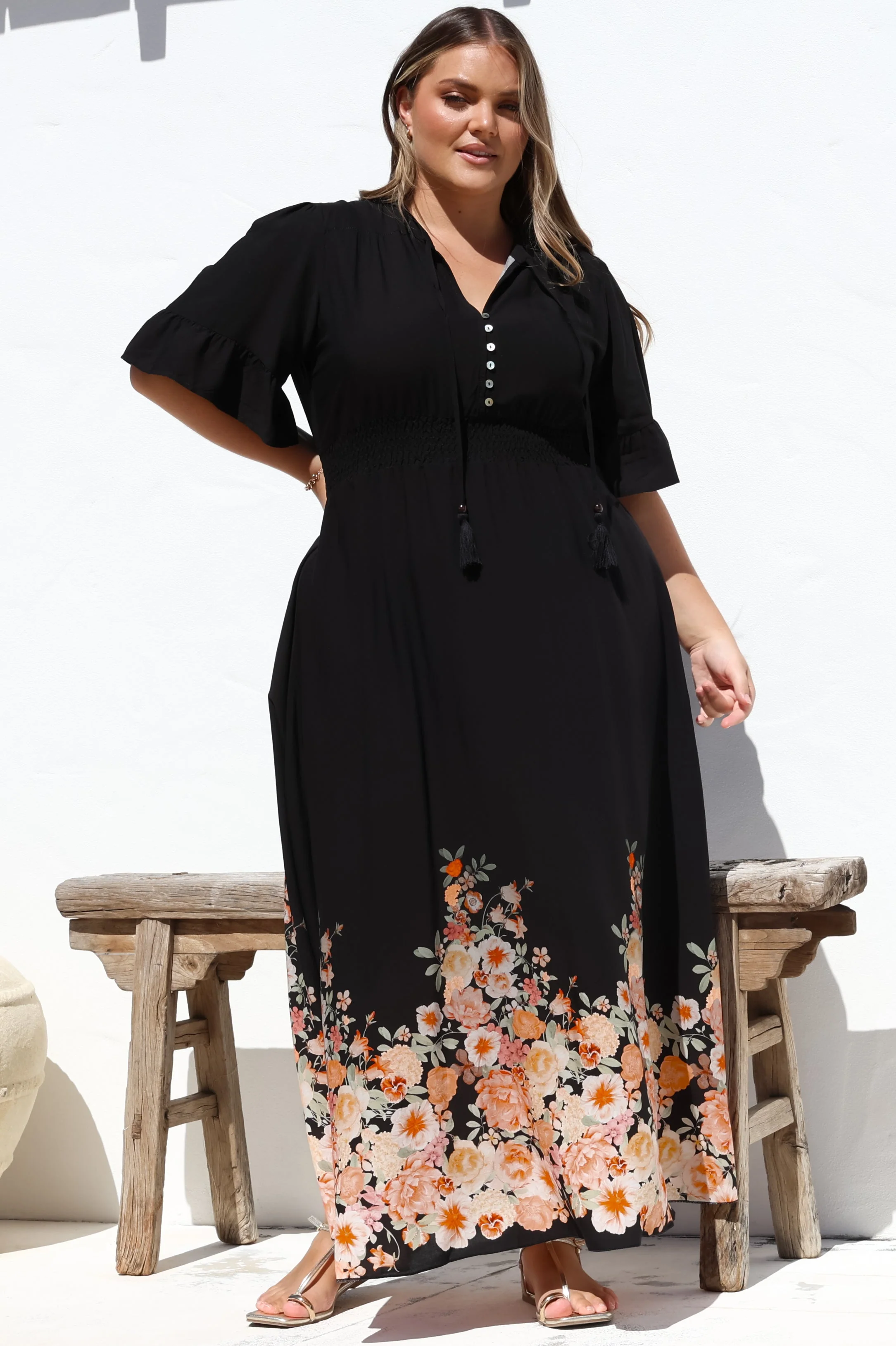 Jemina Maxi Dress - V-Neck Elasticated Waist A-Line Dress in Florence Print Black - Image 2