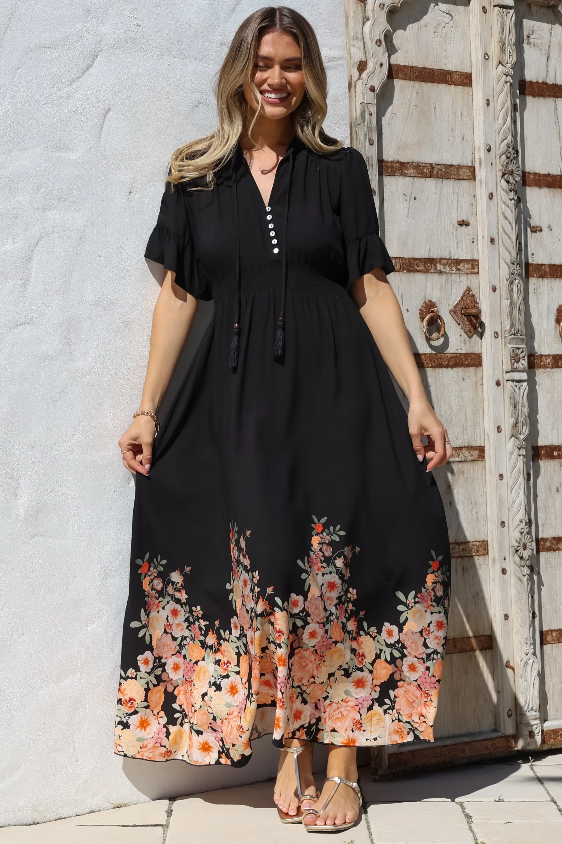 Jemina Maxi Dress - V-Neck Elasticated Waist A-Line Dress in Florence Print Black - Image 6