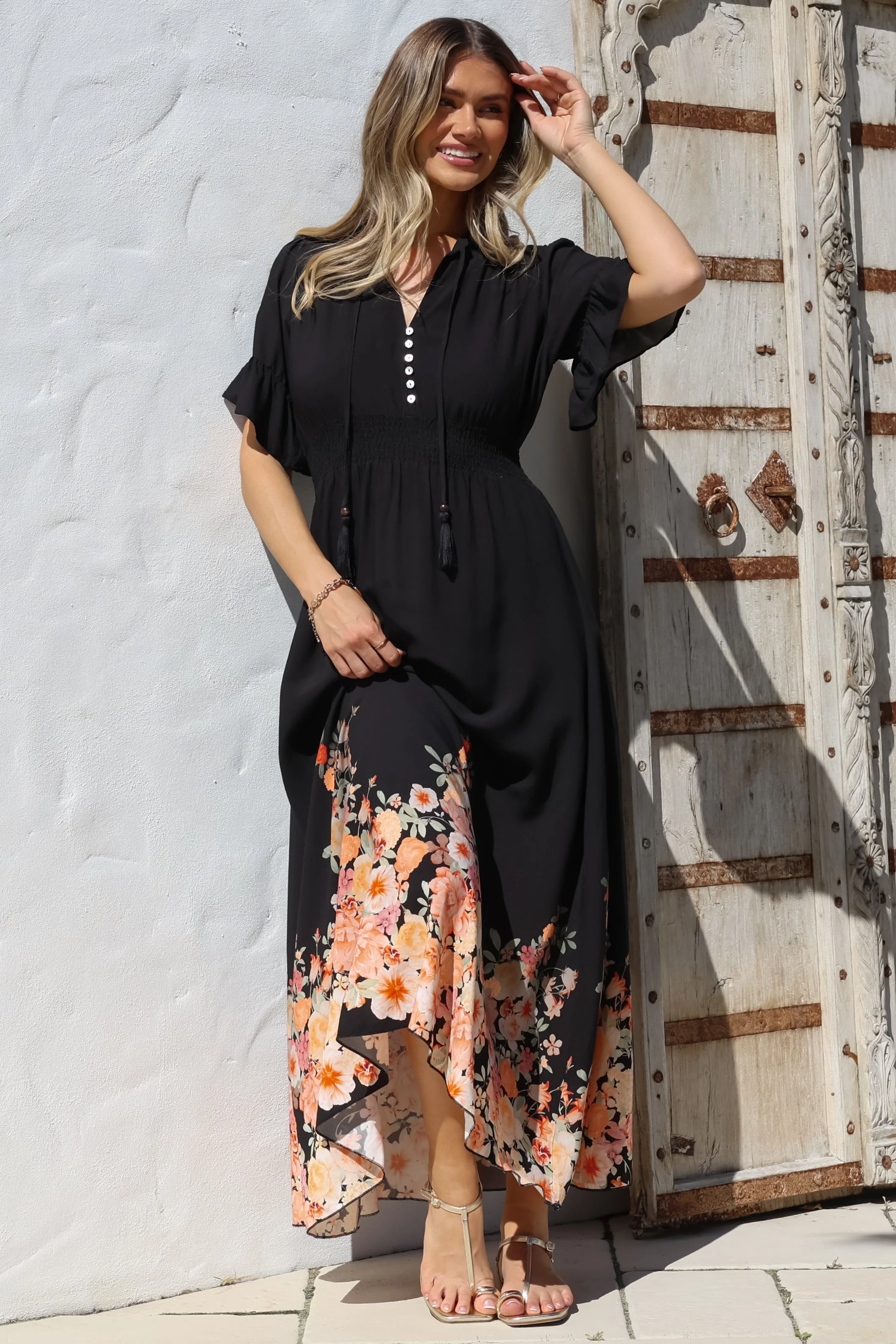 Jemina Maxi Dress - V-Neck Elasticated Waist A-Line Dress in Florence Print Black - Image 7