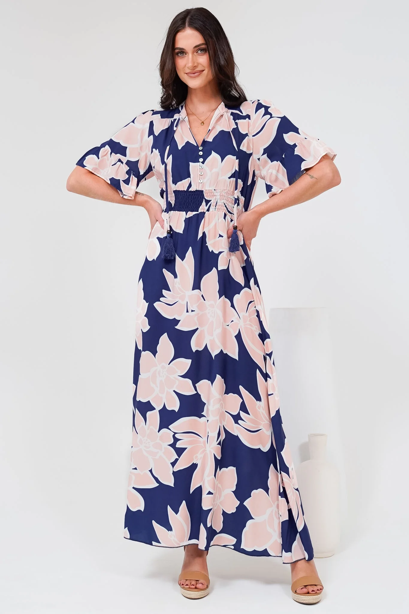 Jemina Maxi Dress - V-Neck Elasticated Waist A-Line Dress in Jetson Print Navy - Image 2