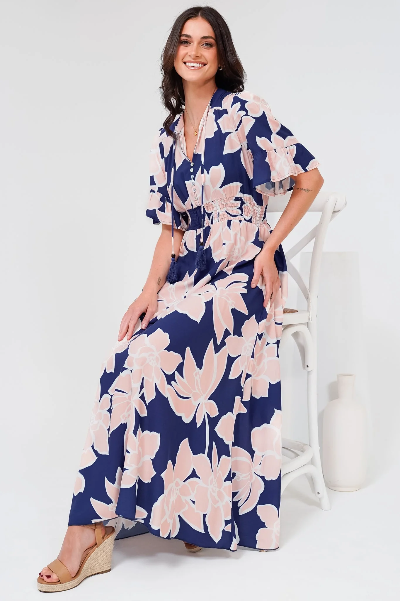 Jemina Maxi Dress - V-Neck Elasticated Waist A-Line Dress in Jetson Print Navy - Image 3