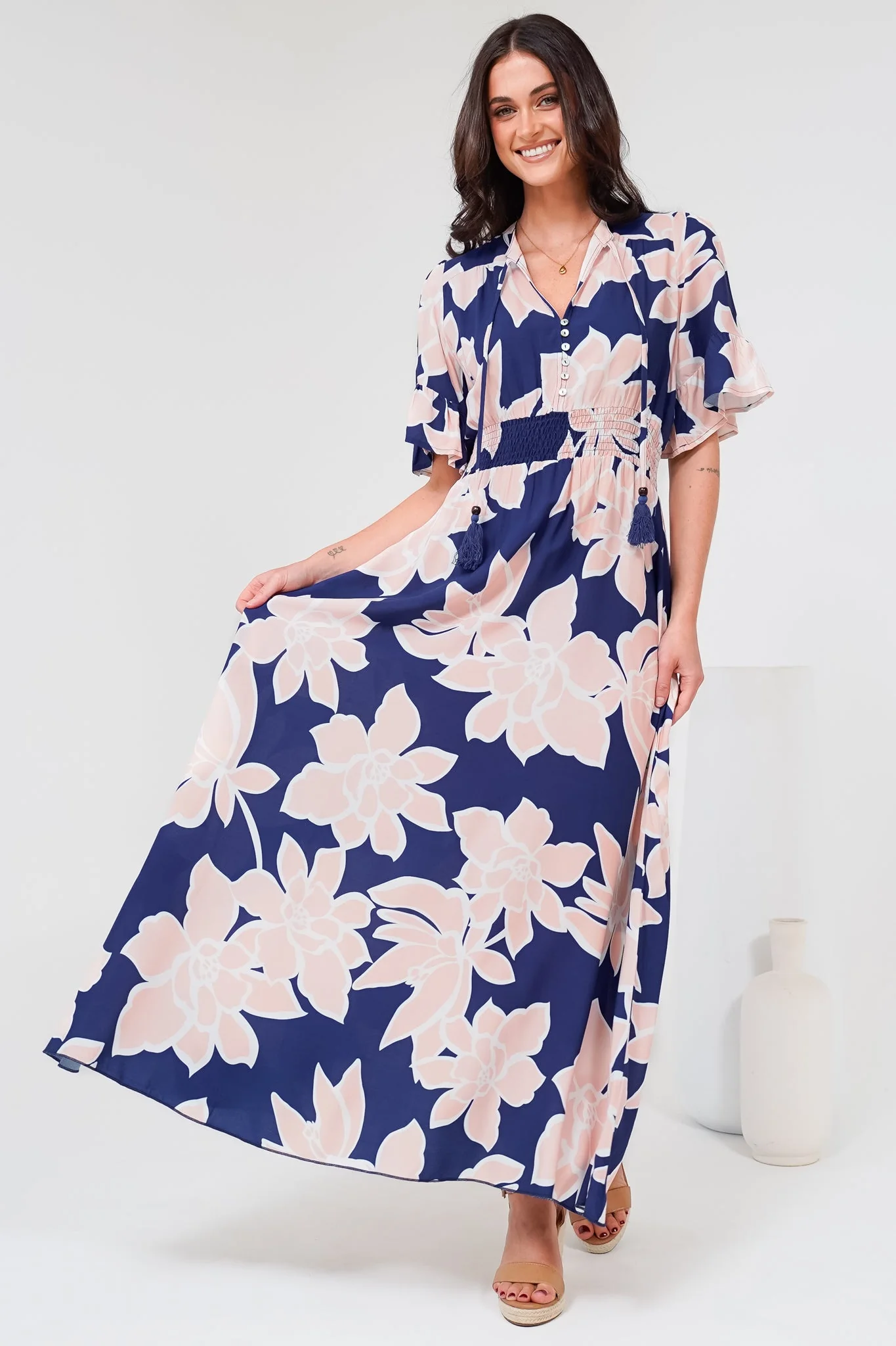 Jemina Maxi Dress - V-Neck Elasticated Waist A-Line Dress in Jetson Print Navy - Image 4