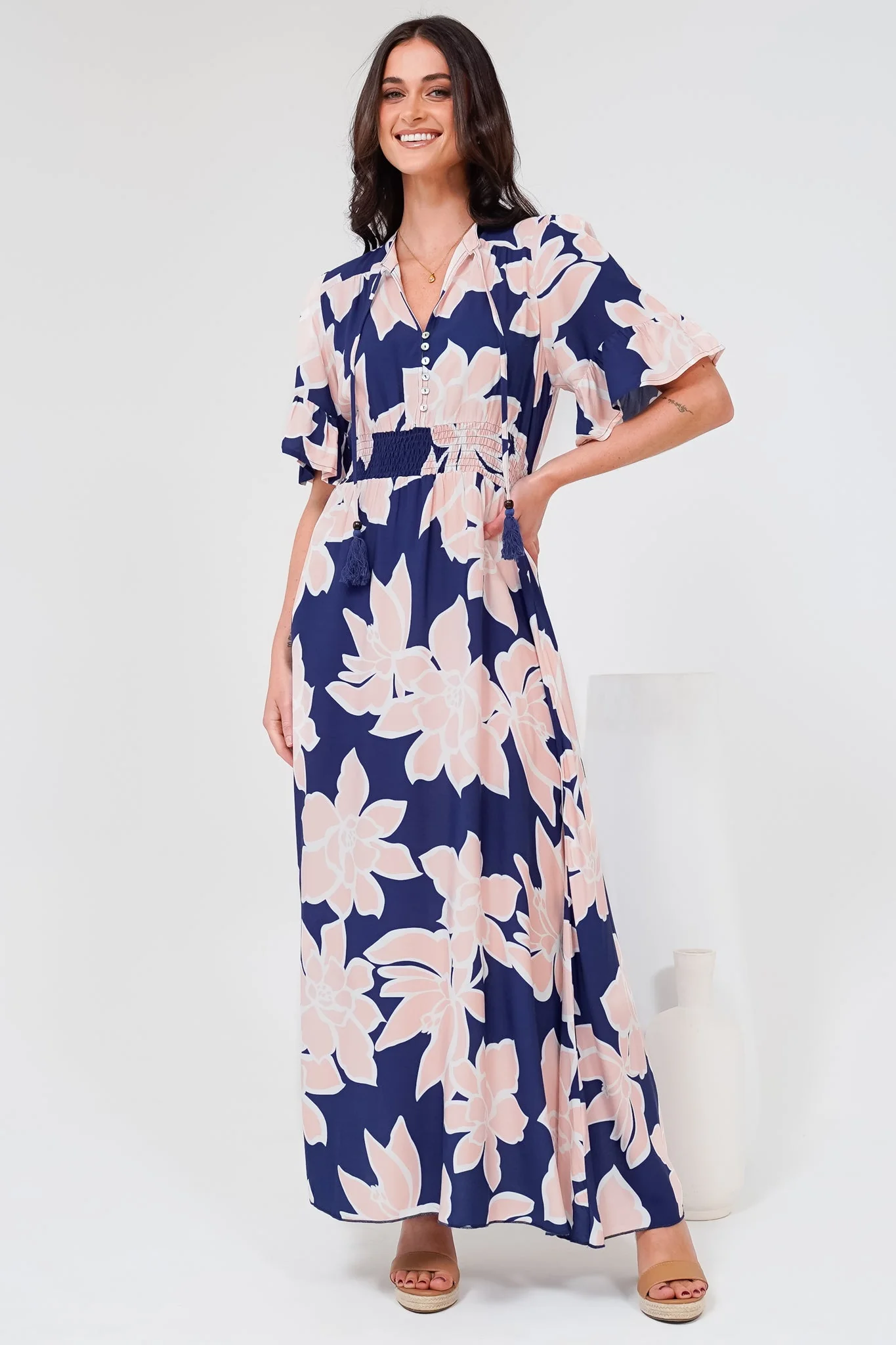 Jemina Maxi Dress - V-Neck Elasticated Waist A-Line Dress in Jetson Print Navy - Image 5