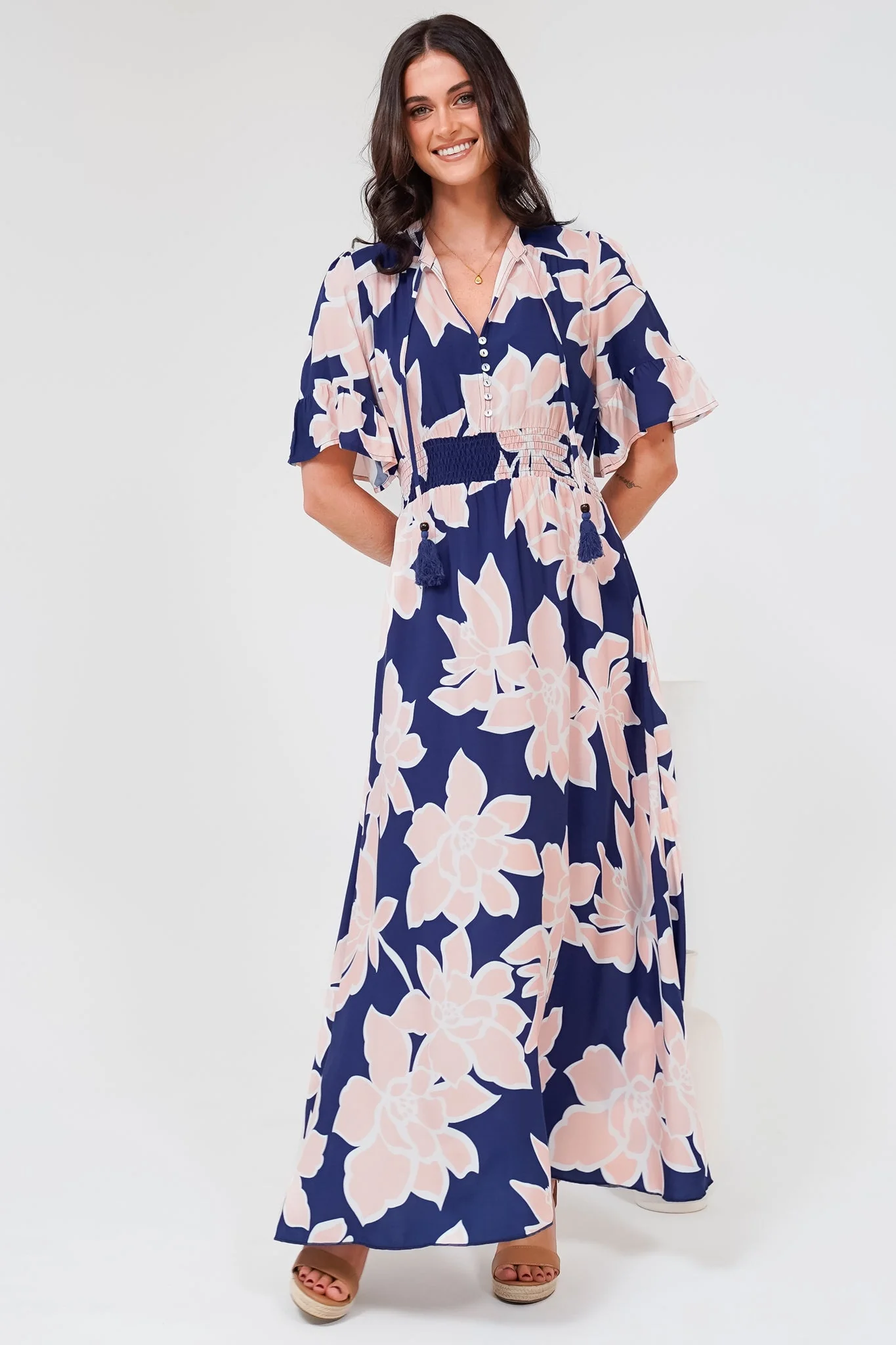 Jemina Maxi Dress - V-Neck Elasticated Waist A-Line Dress in Jetson Print Navy - Image 6