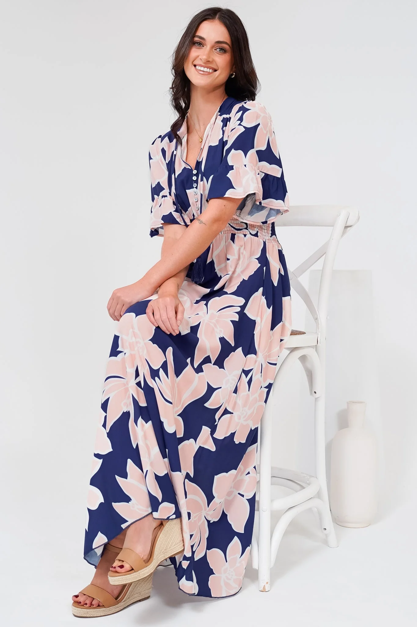 Jemina Maxi Dress - V-Neck Elasticated Waist A-Line Dress in Jetson Print Navy - Image 7
