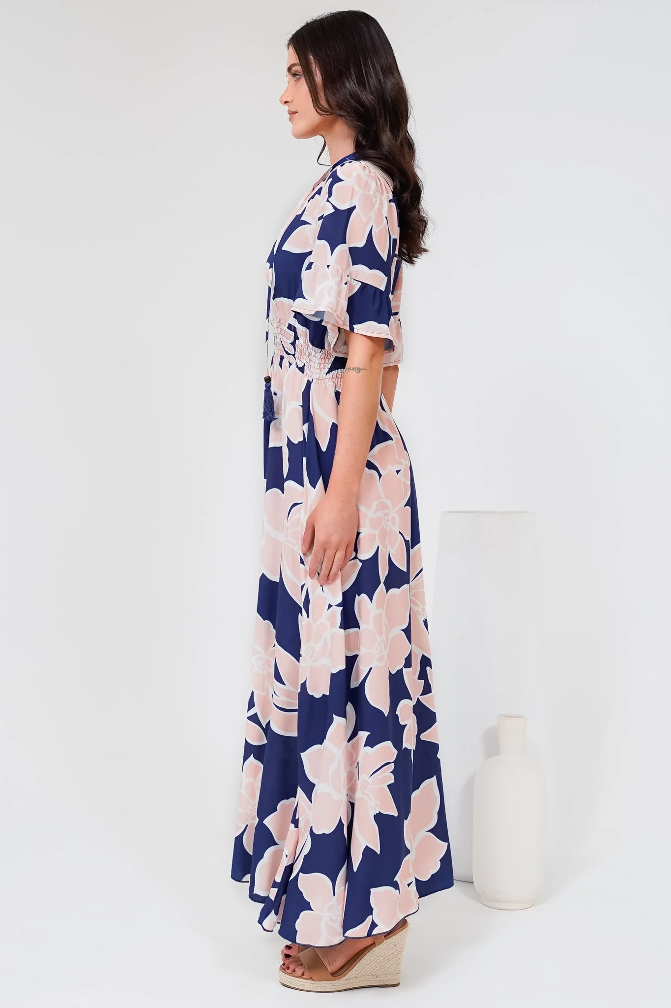 Jemina Maxi Dress - V-Neck Elasticated Waist A-Line Dress in Jetson Print Navy - Image 8