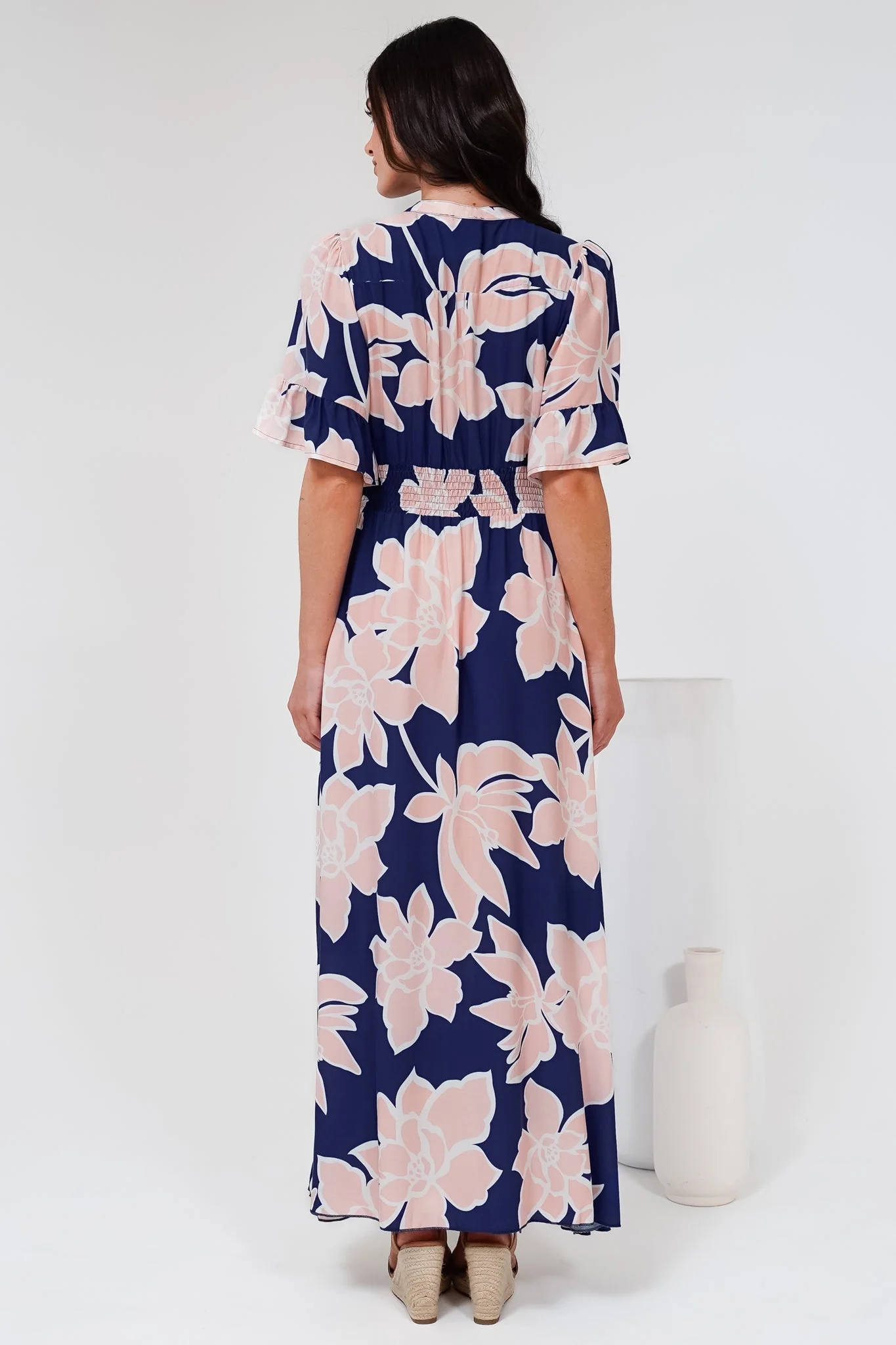Jemina Maxi Dress - V-Neck Elasticated Waist A-Line Dress in Jetson Print Navy - Image 9
