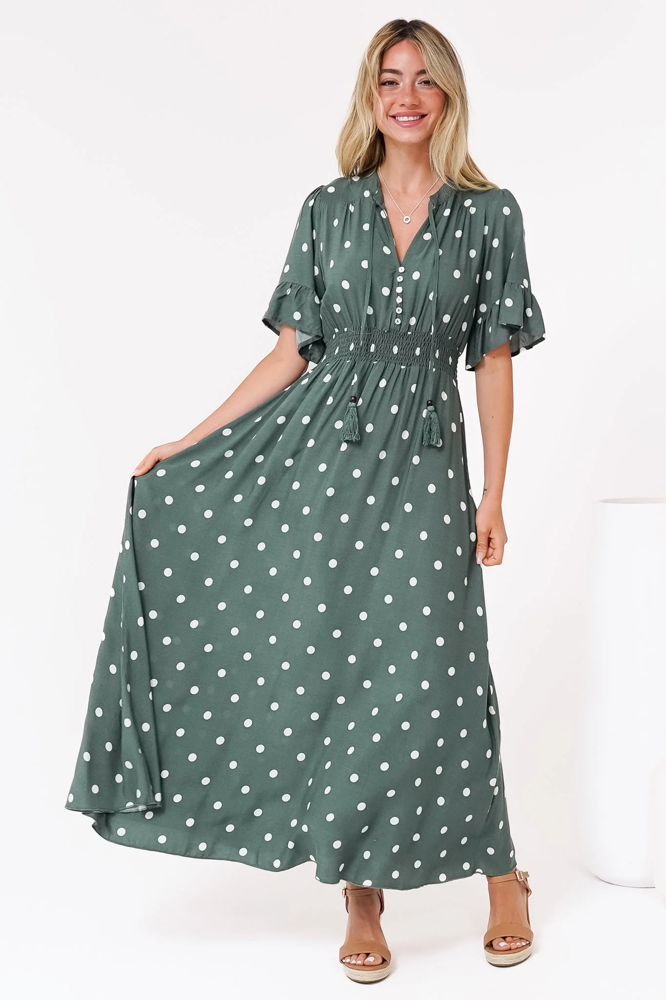 Jemina Maxi Dress - V-Neck Elasticated Waist A-Line Dress in Parisian Polka Print Khaki - Image 2