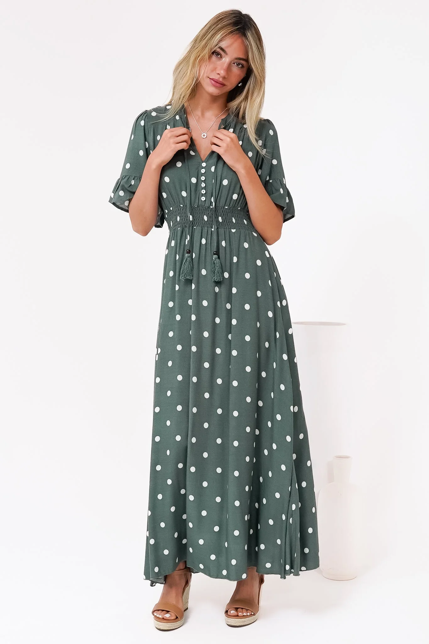 Jemina Maxi Dress - V-Neck Elasticated Waist A-Line Dress in Parisian Polka Print Khaki - Image 3