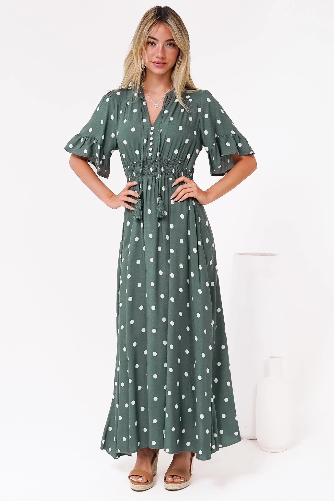 Jemina Maxi Dress - V-Neck Elasticated Waist A-Line Dress in Parisian Polka Print Khaki - Image 4