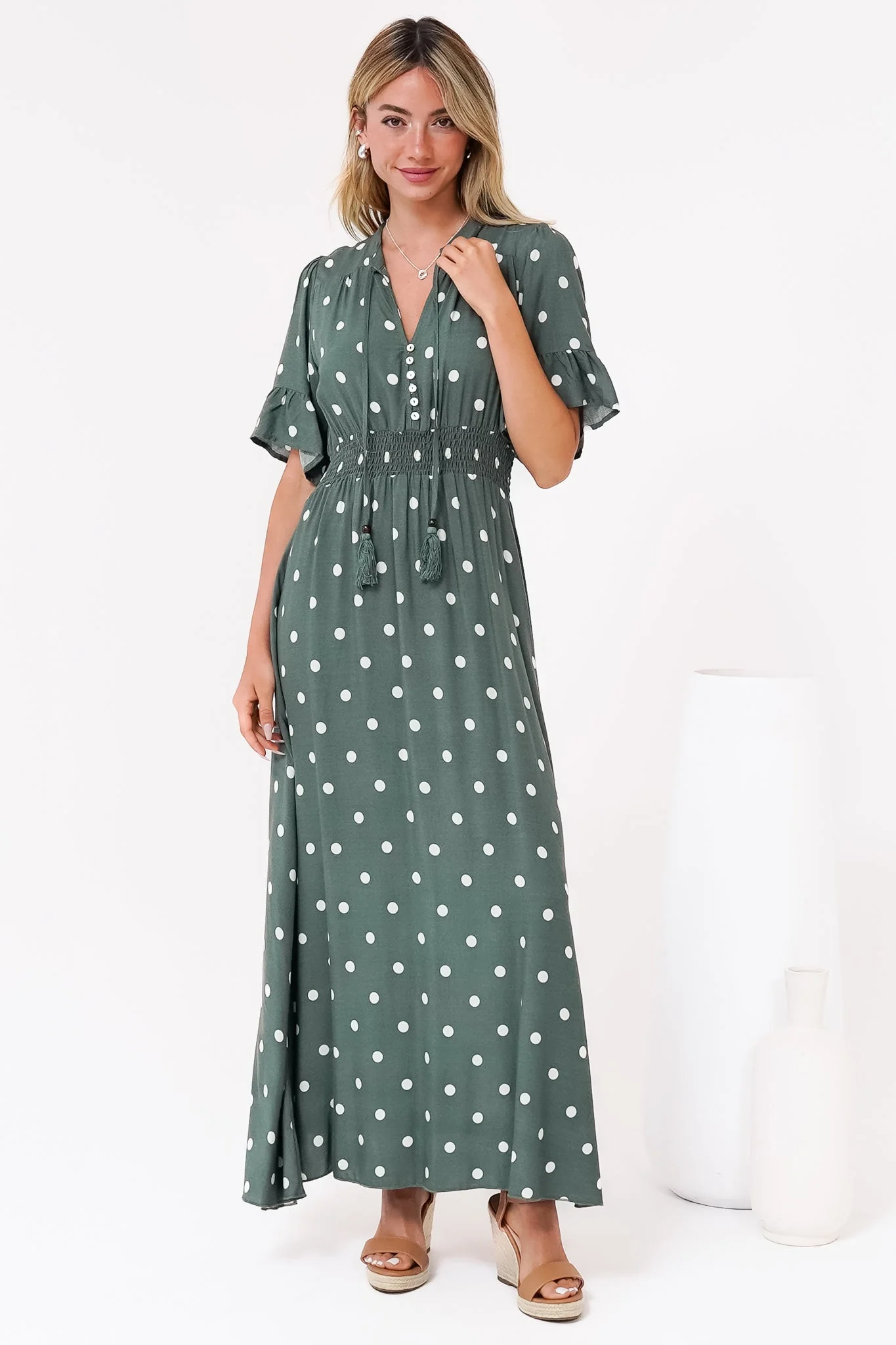 Jemina Maxi Dress - V-Neck Elasticated Waist A-Line Dress in Parisian Polka Print Khaki - Image 5