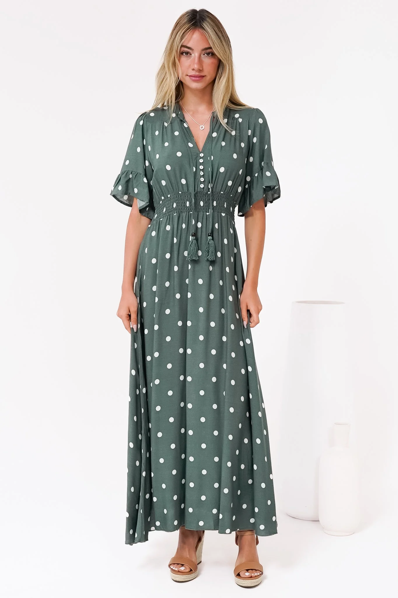 Jemina Maxi Dress - V-Neck Elasticated Waist A-Line Dress in Parisian Polka Print Khaki - Image 6