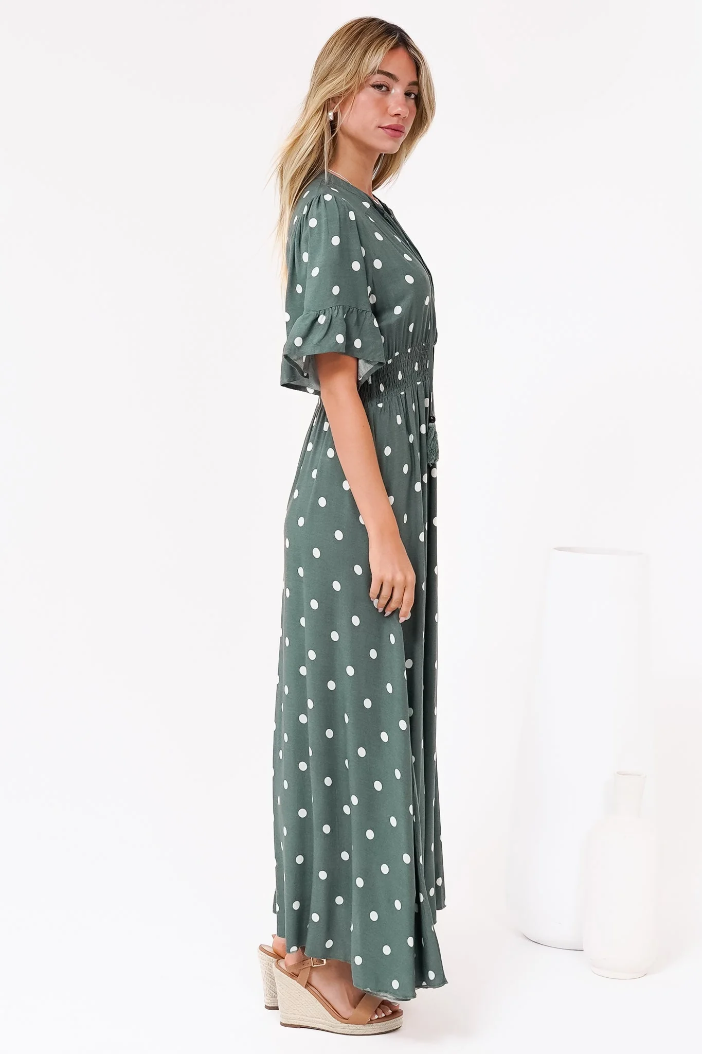 Jemina Maxi Dress - V-Neck Elasticated Waist A-Line Dress in Parisian Polka Print Khaki - Image 7