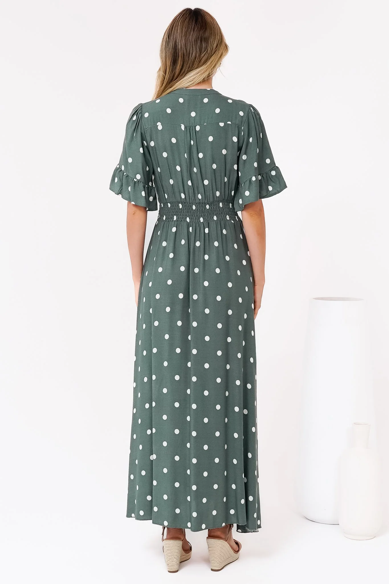 Jemina Maxi Dress - V-Neck Elasticated Waist A-Line Dress in Parisian Polka Print Khaki - Image 8