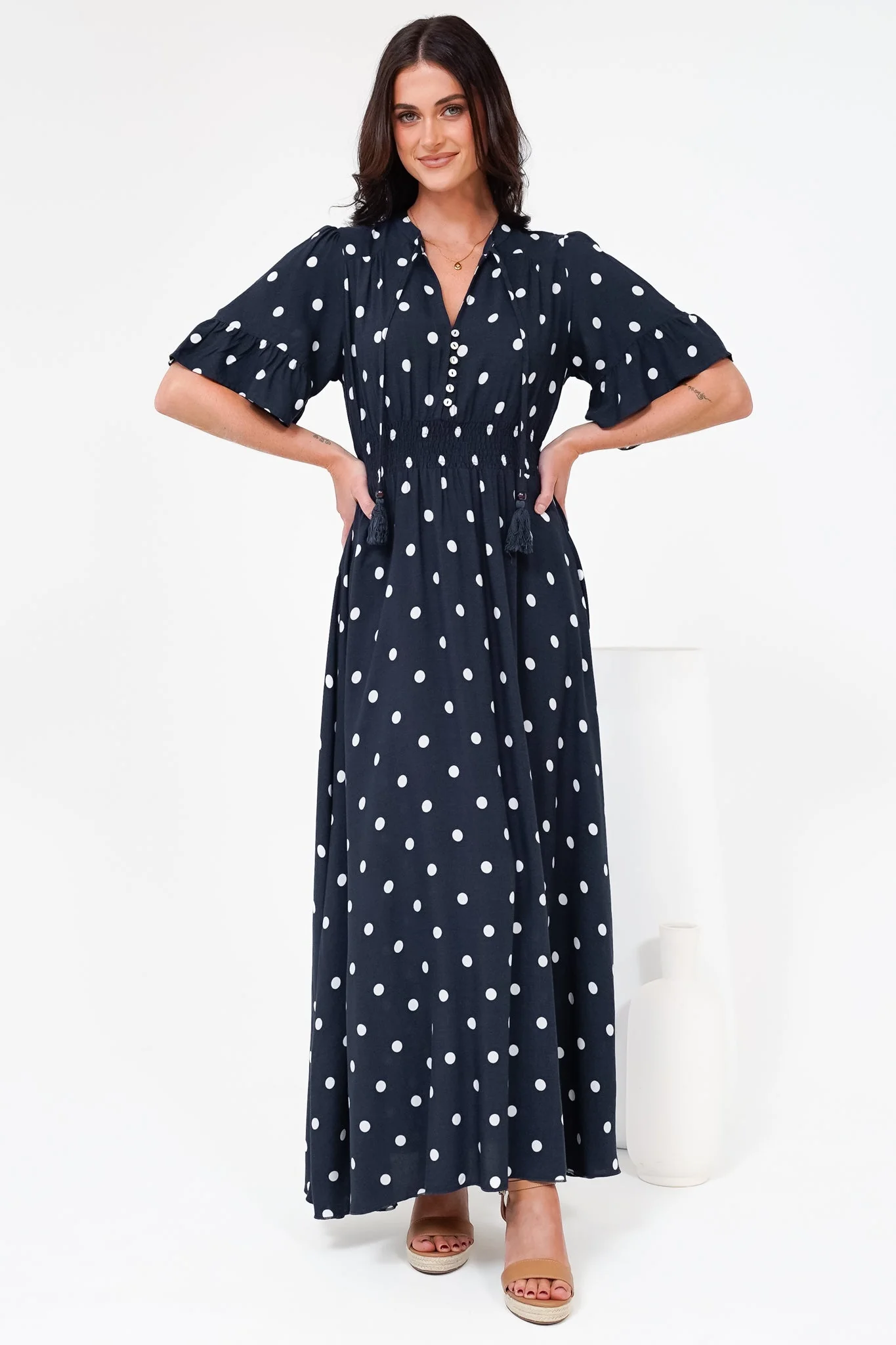 Jemina Maxi Dress - V-Neck Elasticated Waist A-Line Dress in Parisian Polka Print Navy - Image 2