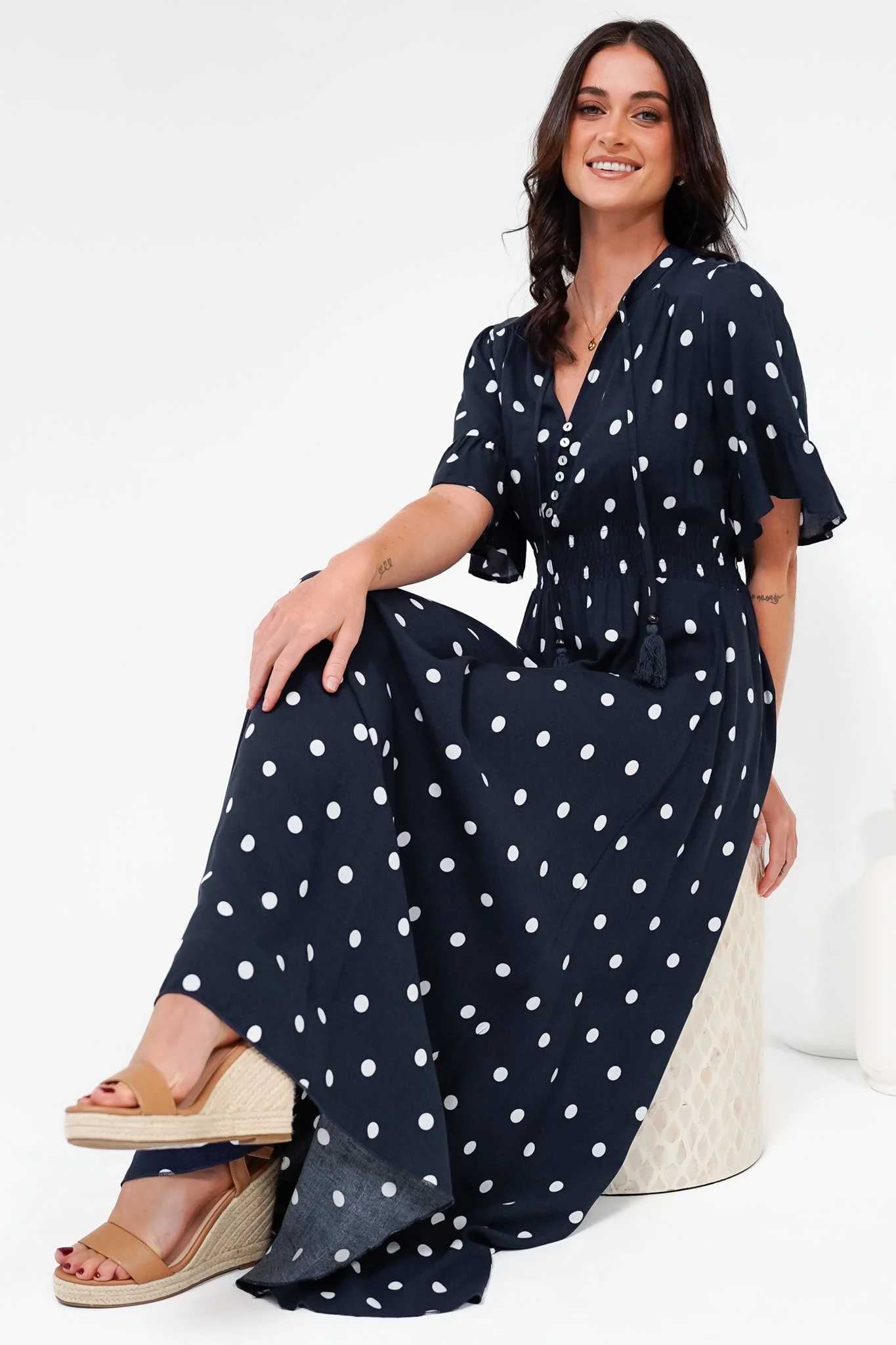 Jemina Maxi Dress - V-Neck Elasticated Waist A-Line Dress in Parisian Polka Print Navy - Image 3