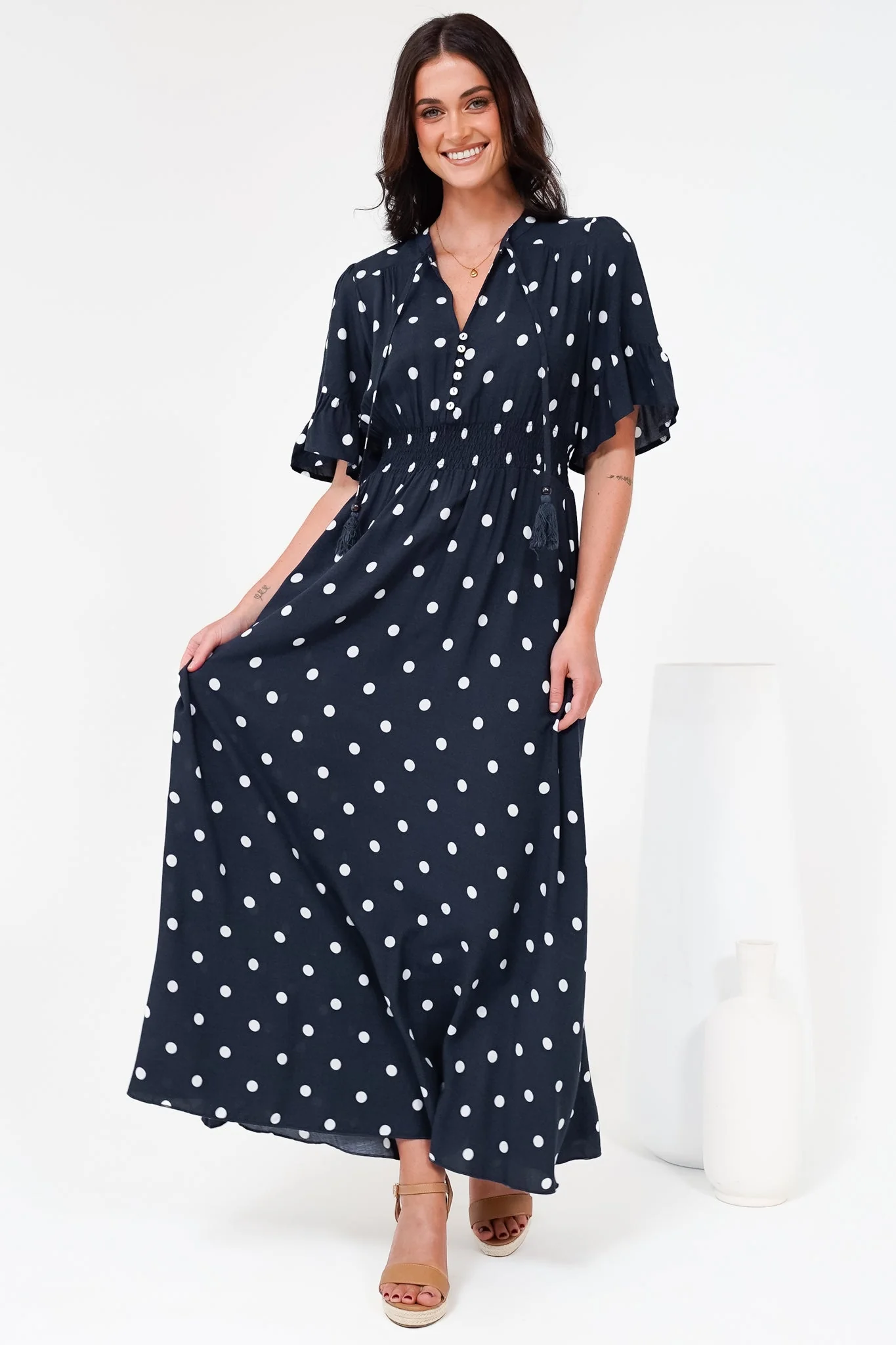 Jemina Maxi Dress - V-Neck Elasticated Waist A-Line Dress in Parisian Polka Print Navy - Image 4