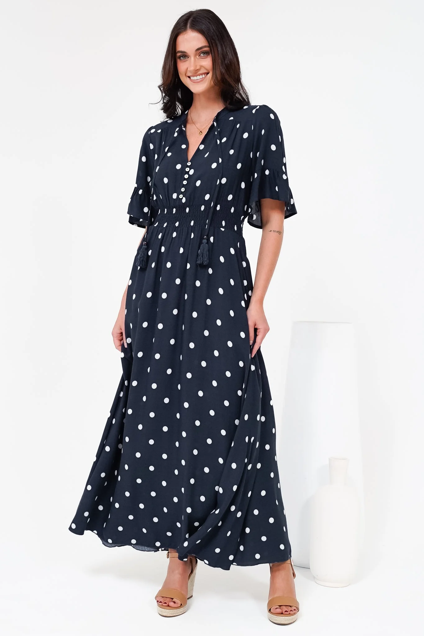 Jemina Maxi Dress - V-Neck Elasticated Waist A-Line Dress in Parisian Polka Print Navy - Image 5
