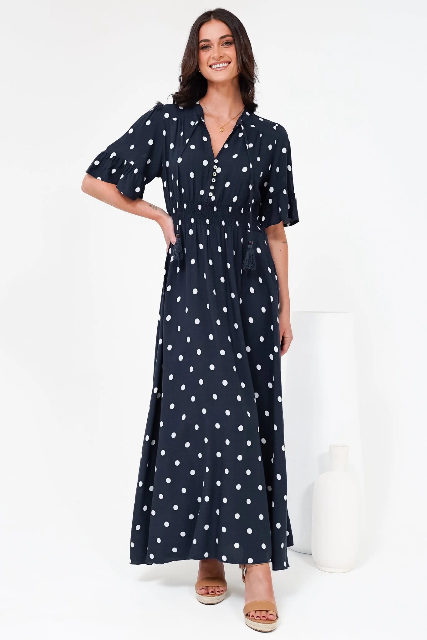 Jemina Maxi Dress - V-Neck Elasticated Waist A-Line Dress in Parisian Polka Print Navy - Image 6