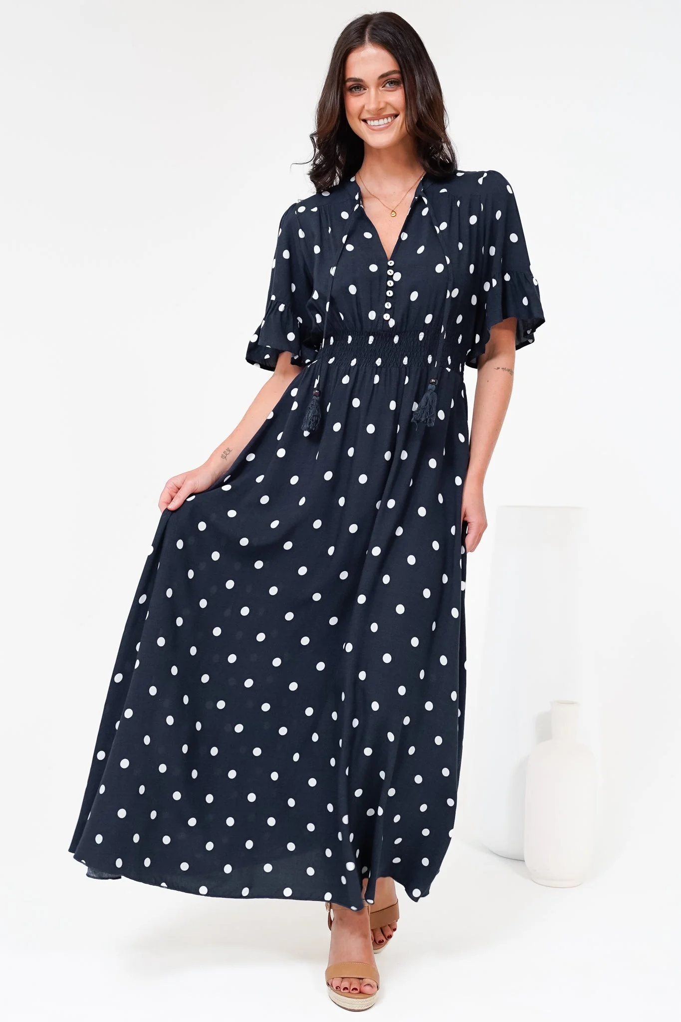 Jemina Maxi Dress - V-Neck Elasticated Waist A-Line Dress in Parisian Polka Print Navy - Image 7