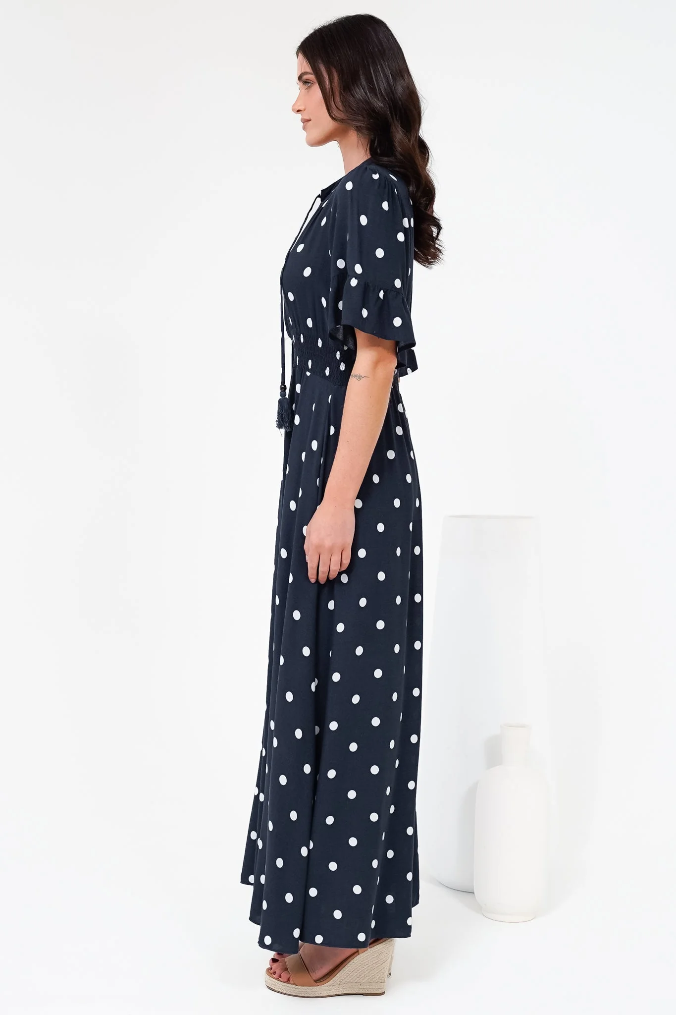 Jemina Maxi Dress - V-Neck Elasticated Waist A-Line Dress in Parisian Polka Print Navy - Image 8